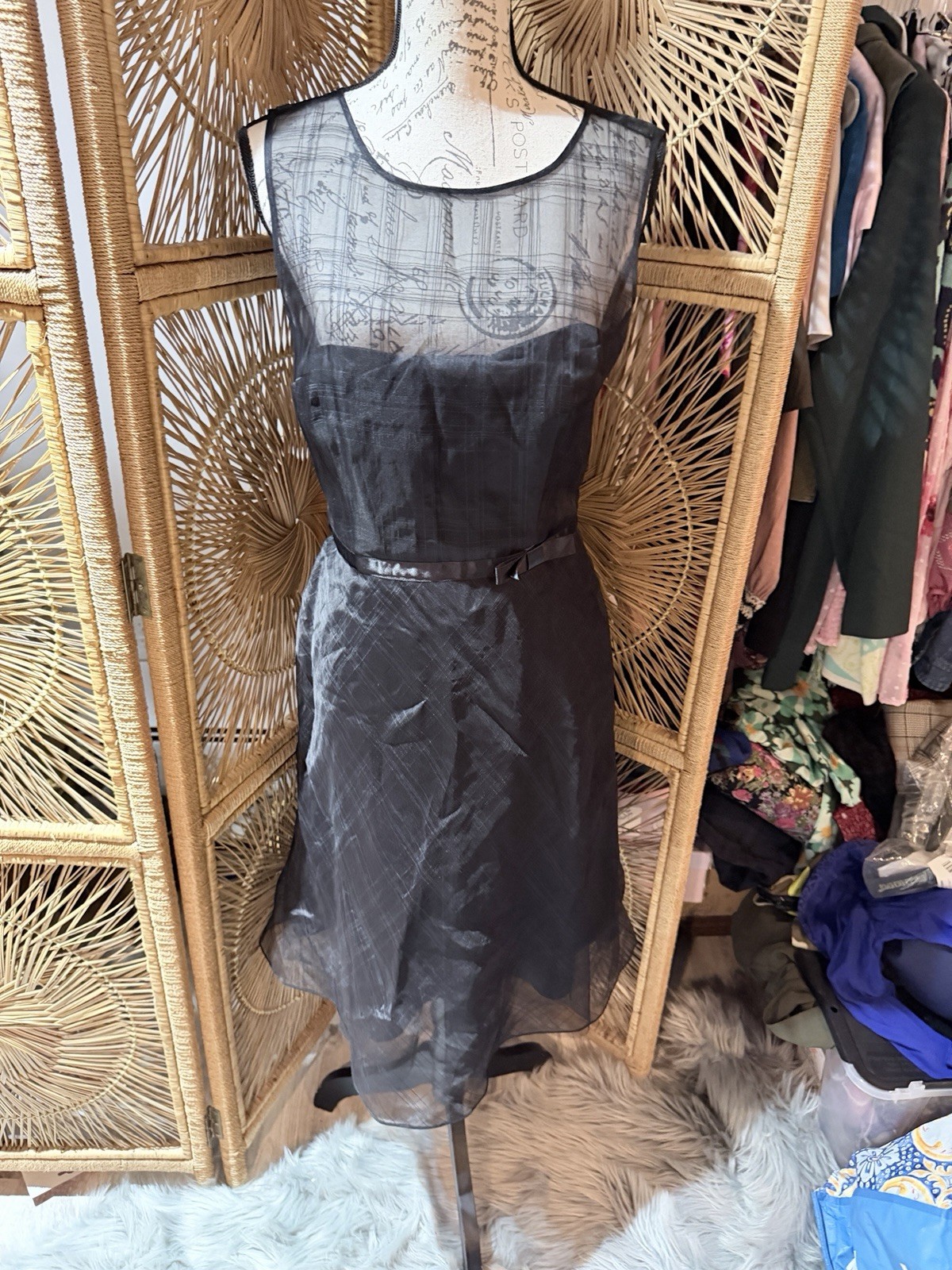 Express Black Silk Chiffon Sheer Lined A-Line Scoop Neck Dress Belt Zip 10