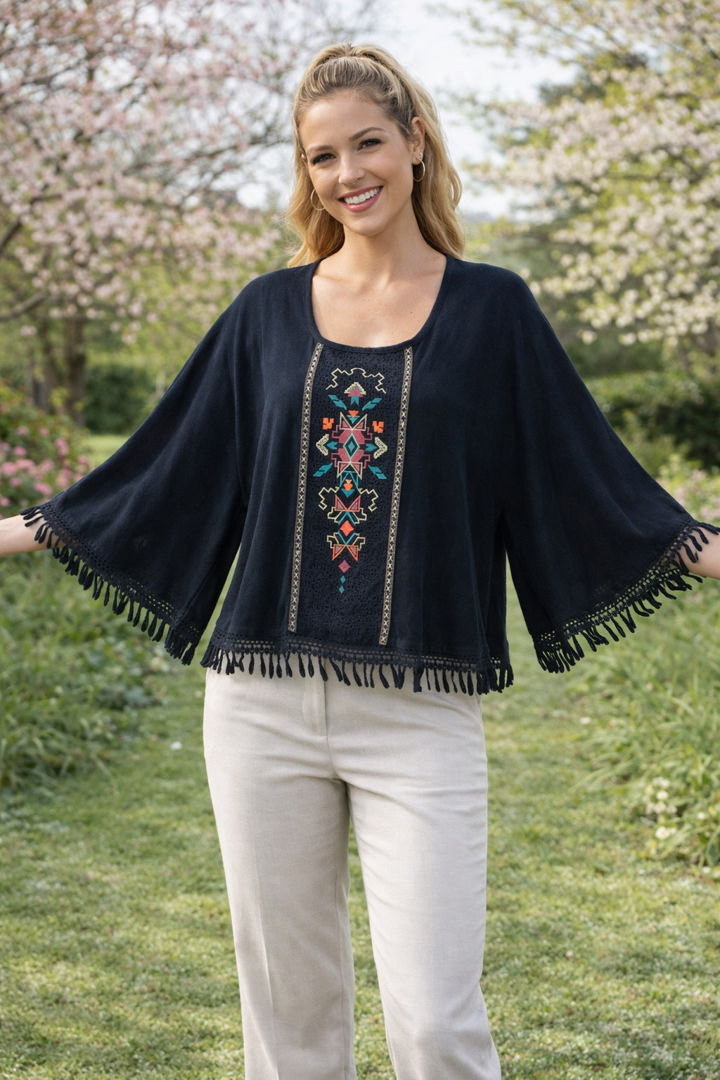 Flying Tomato Top Womens Med Cropped Kimono Sleeves Embroidered Aztec Boho Artsy