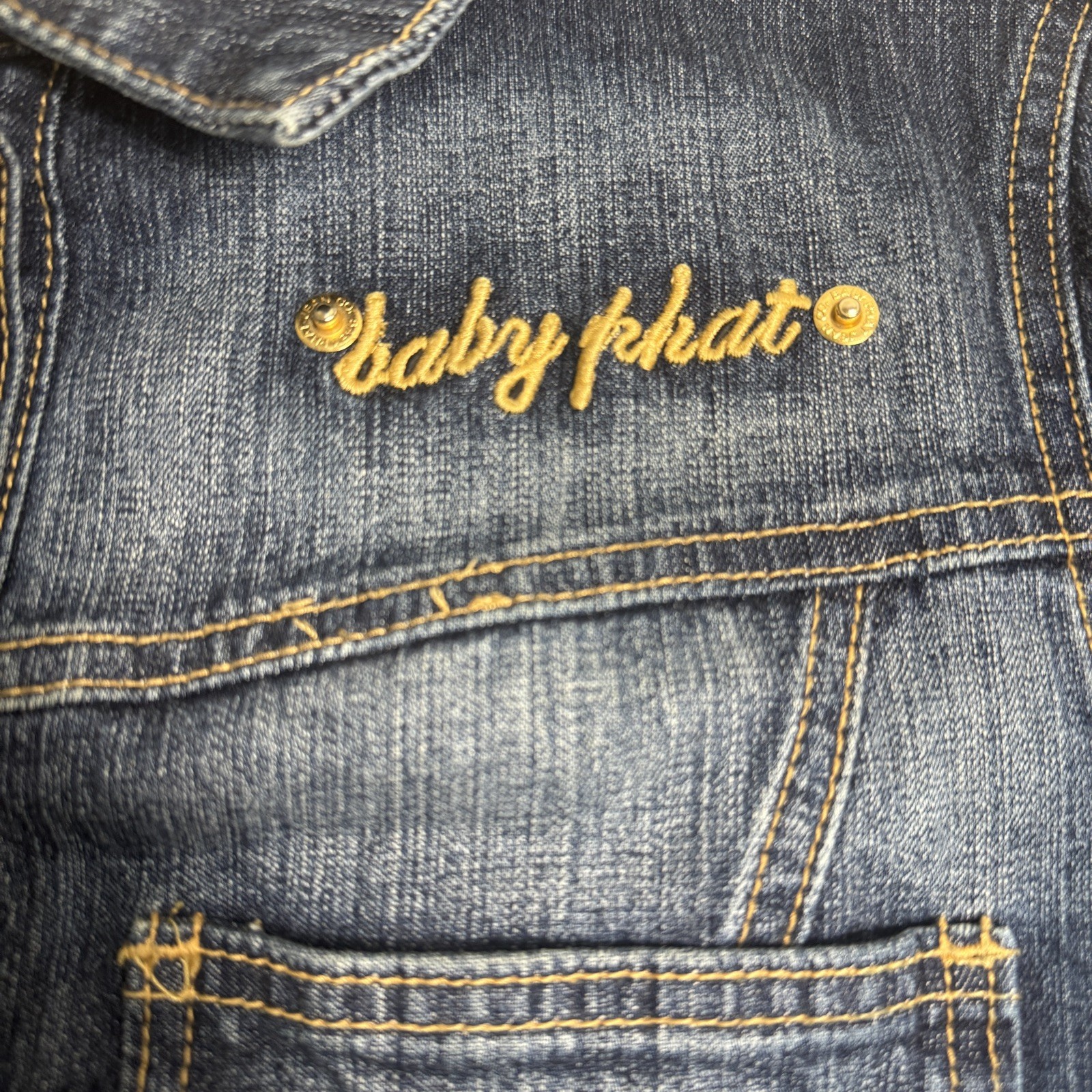 Vintage Y2K Baby Phat Women’s Blue Jean Jacket Gold Embroidered Cat Logo Size M