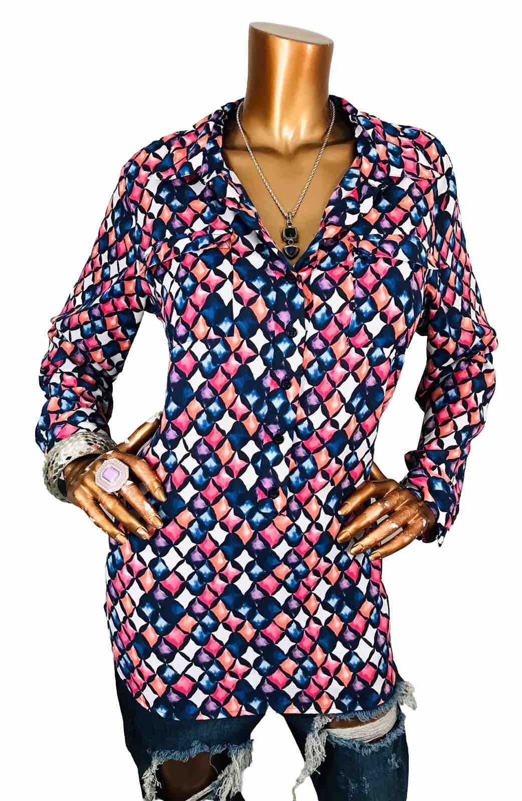Christopher & Banks L Top Abstract 1/2 Button Up Shirt Wrinkle Resist Long Slvs
