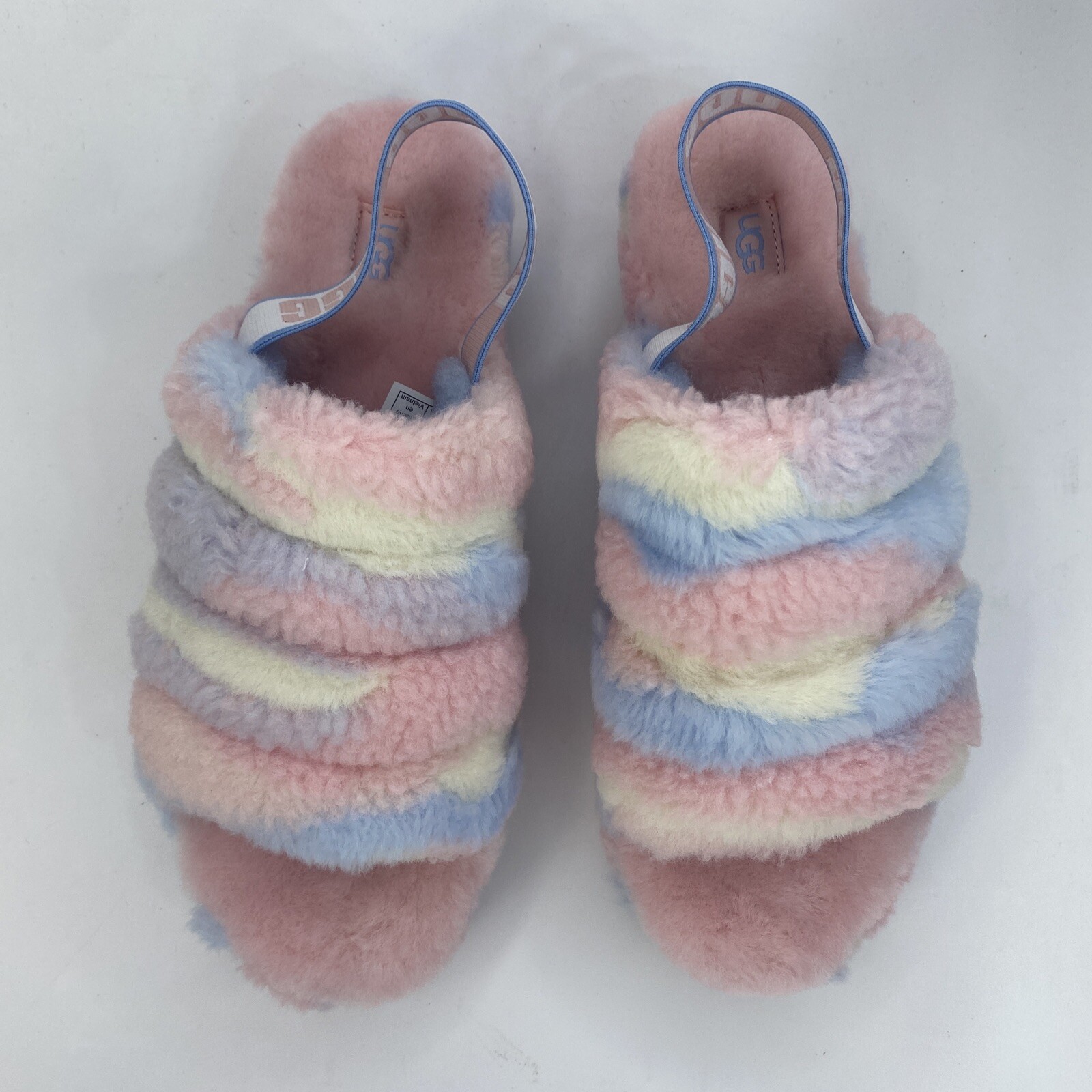 UGG W FLUFF YEAH SLIDE Slipper Cali Collage Women’s 9 Pink Blue White Stripe