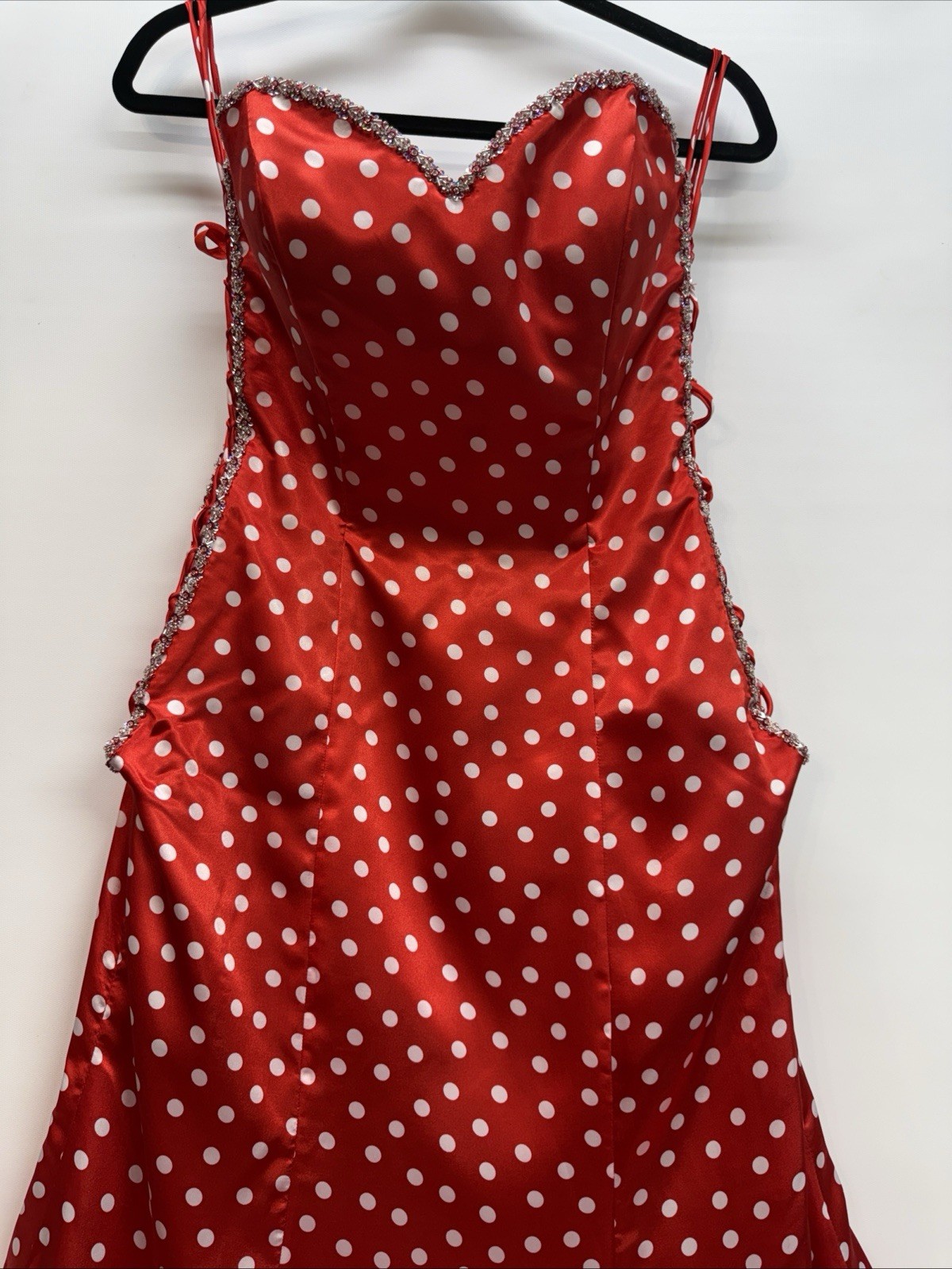 Mori Lee Formal Gown Maxi Dress Sz 13/14 Red White Polka Dot Beaded Sides LaceUp
