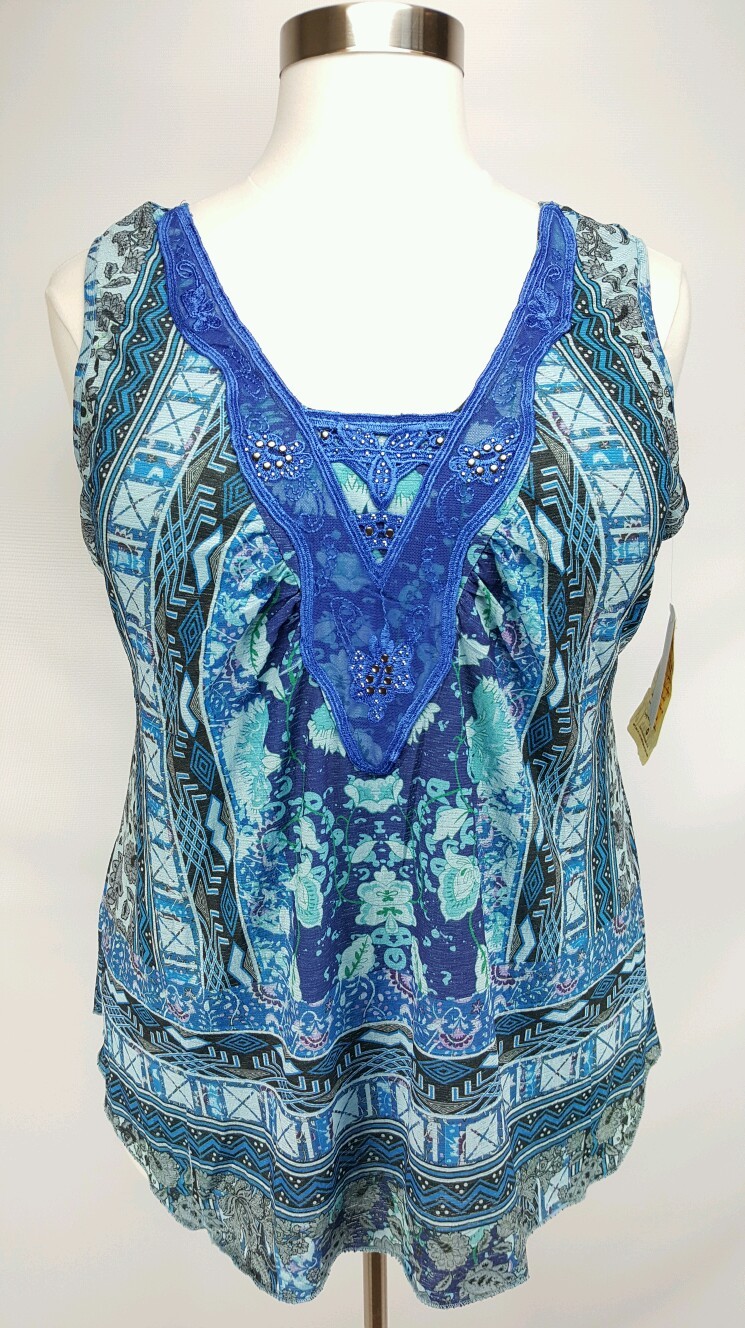 ONE WORLD WOMEN’S BLUE BLACK EMBELLISHED W/ LACE TRENDY TOP PLUS Sz 1X