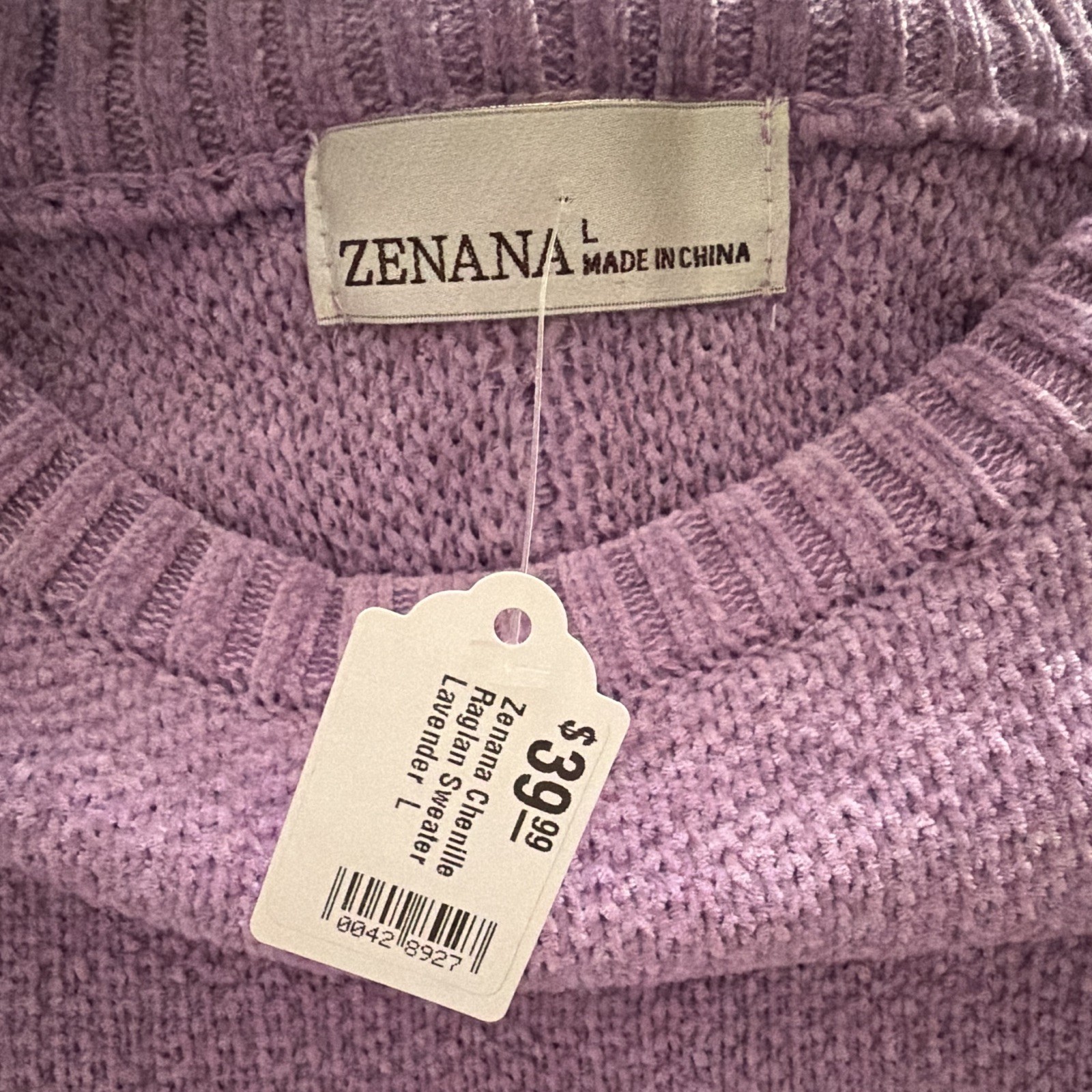 Zenana Purple Knit Crew Neck Raglan Long Sleeve Pullover Sweater L TW-2286Y