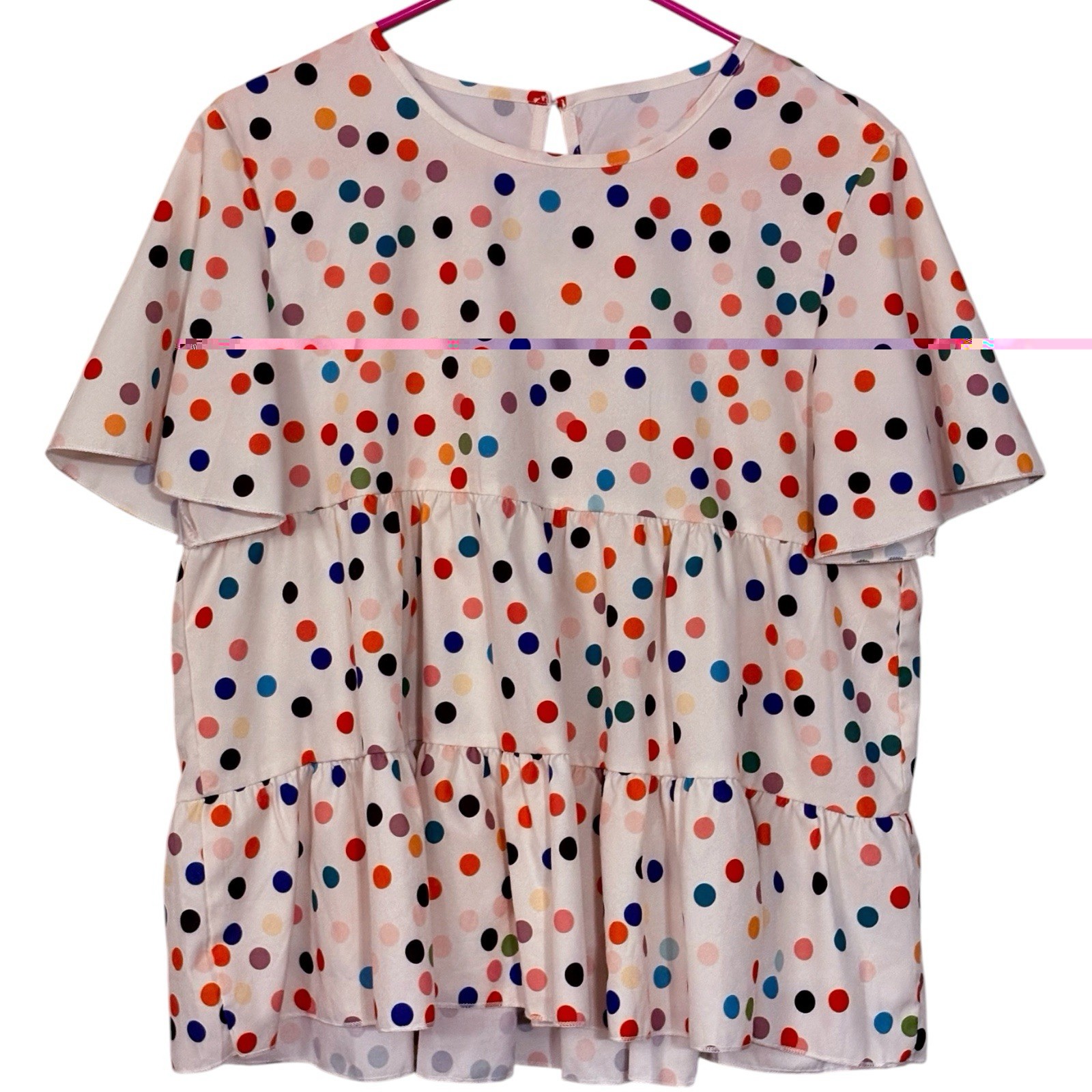 SheIn White Multicolor Polka Dot Round Neck Ruffle Flutter Sleeve Blouse L