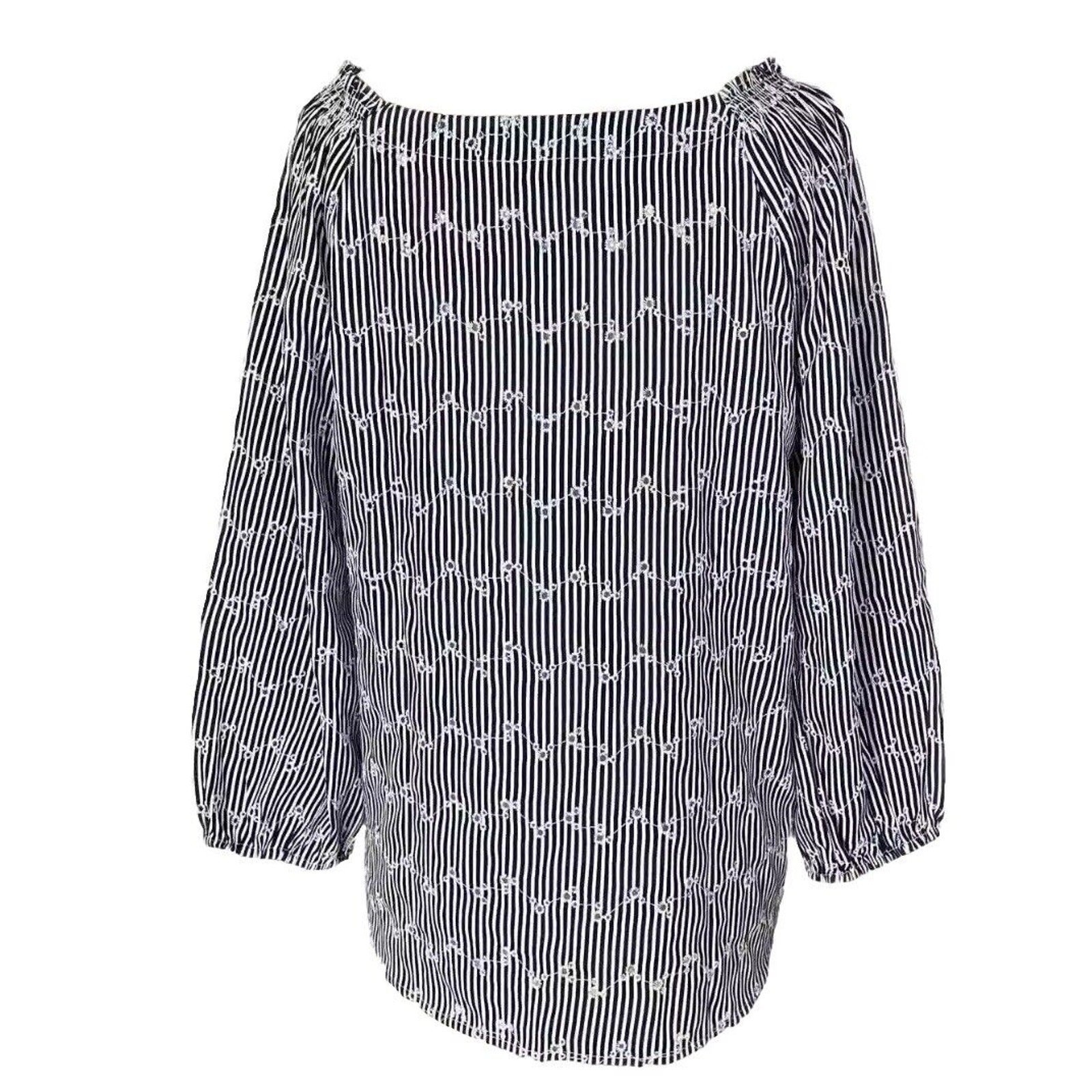 LOFT Outlet Eyelet Blouse Size XL Navy Blue Stripe Gathered Shoulders 3/4 Sleeve