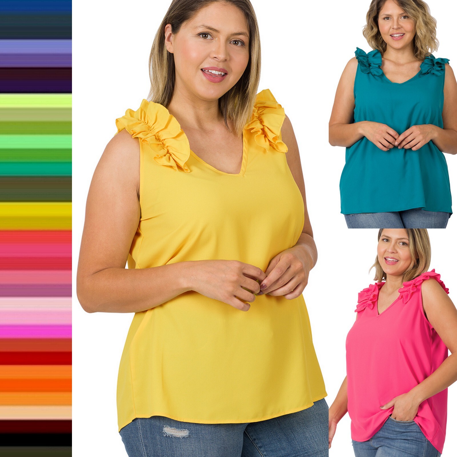 1X 2X 3X Women V Neck Ruffle Trim Woven Sleeveless Top Soft Wool Dobby Fabric