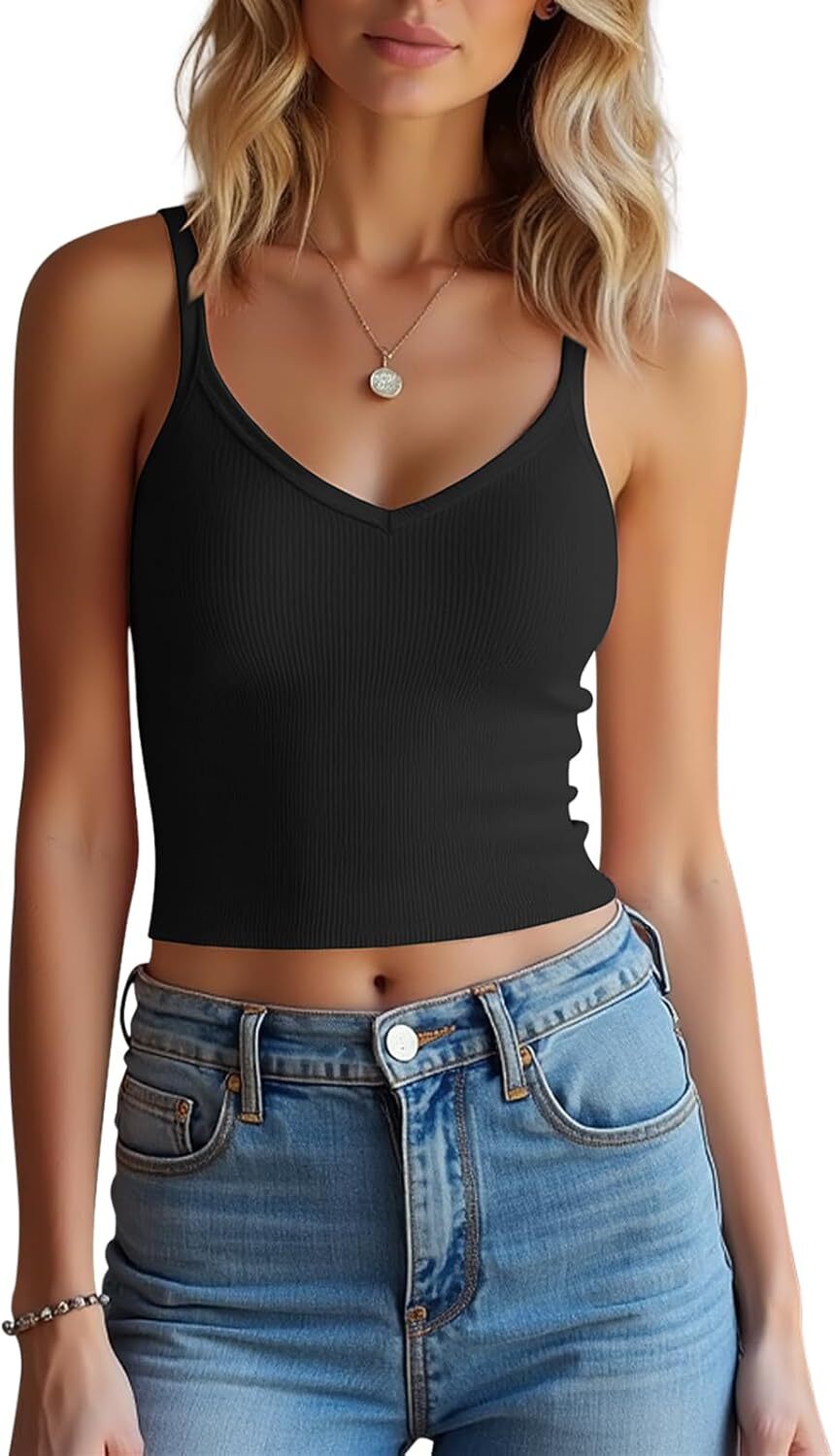 Womens V Neck Spaghetti Strap Crop Tank Tops 4 Pack Cotton Fitted Cami Summer