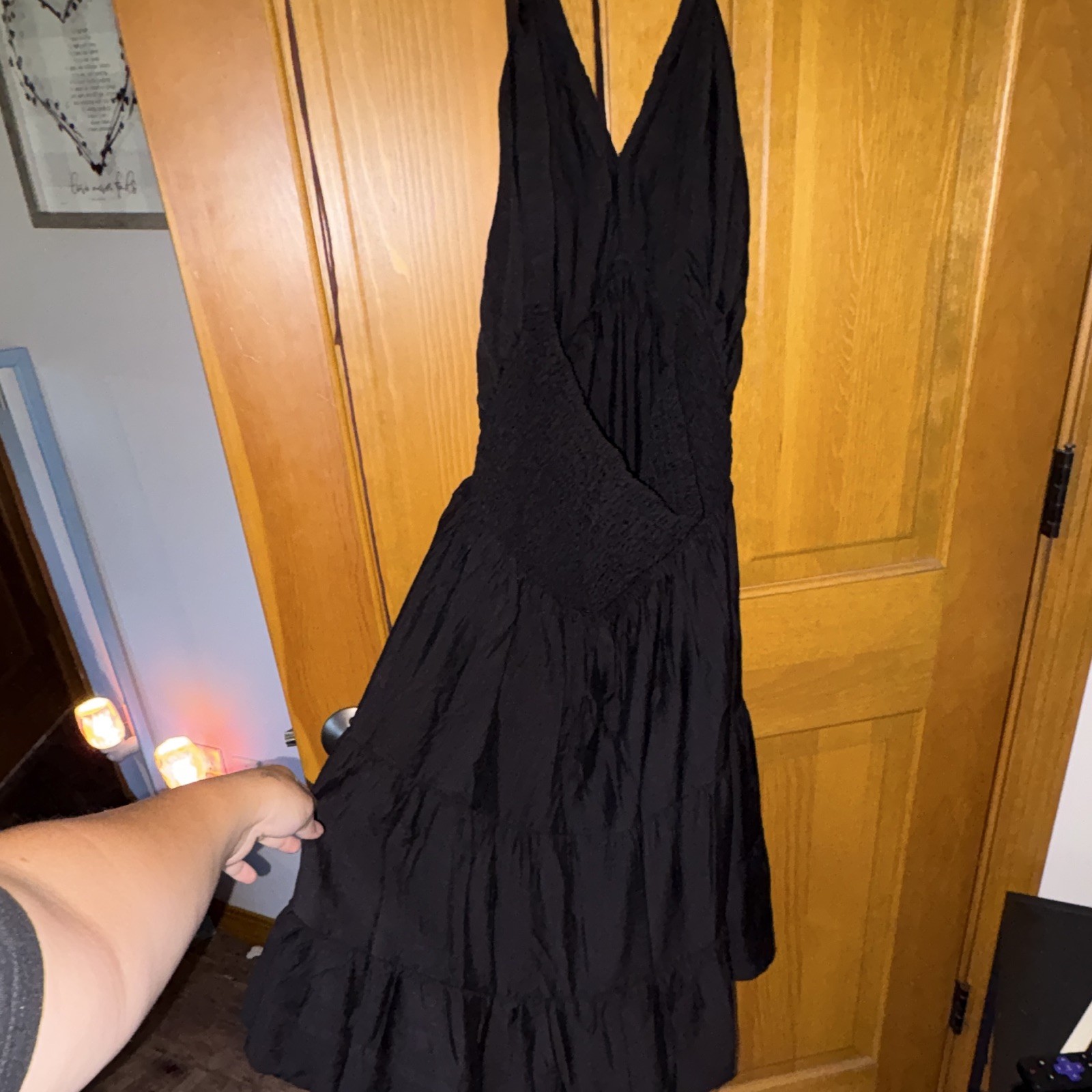 SHEIN Black Crinkle Smocked V-Neck Sleeveless Ruffle Midi A-Line Dress XL