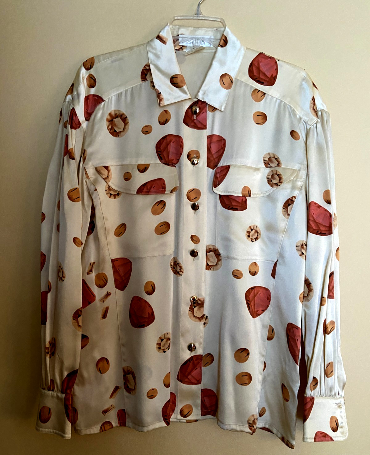 ESCADA SILK BLOUSE IN CREAM GEMSTONE PRINT PLEATED SLEEVE 40 RUNS L WEST GERMANY