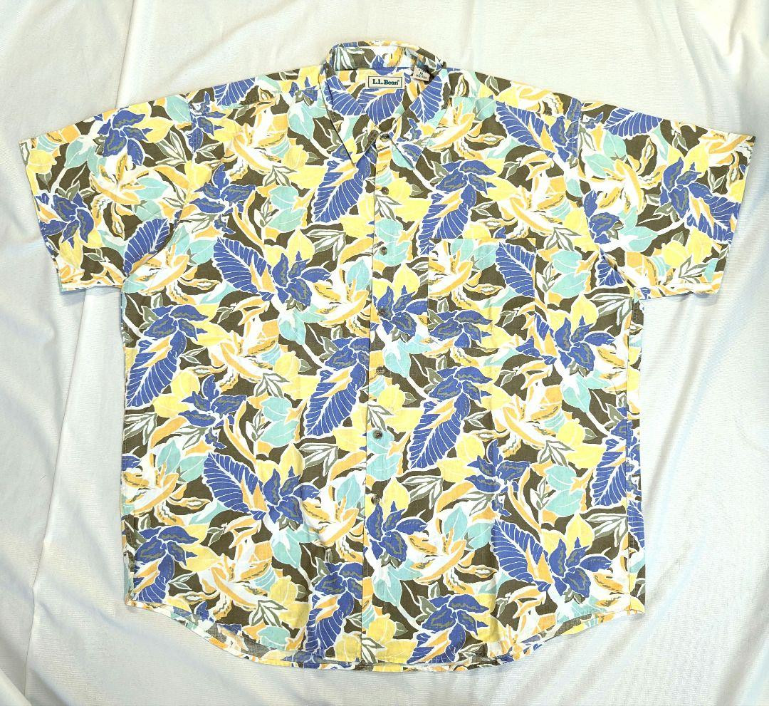 L.L.Bean 80s Aloha Shirt Botanical Pattern Oversized Mens Vintage 56cm 22in