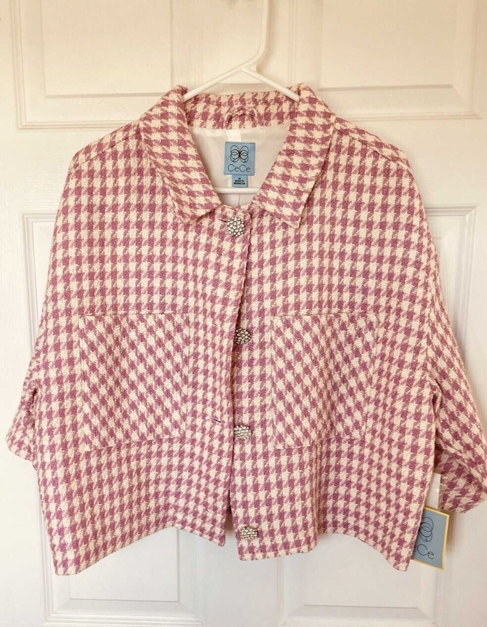 CeCe Dusty Rose Women Houndstooth Tweed Oversized Jacket RhinestoneButtons M-NWT