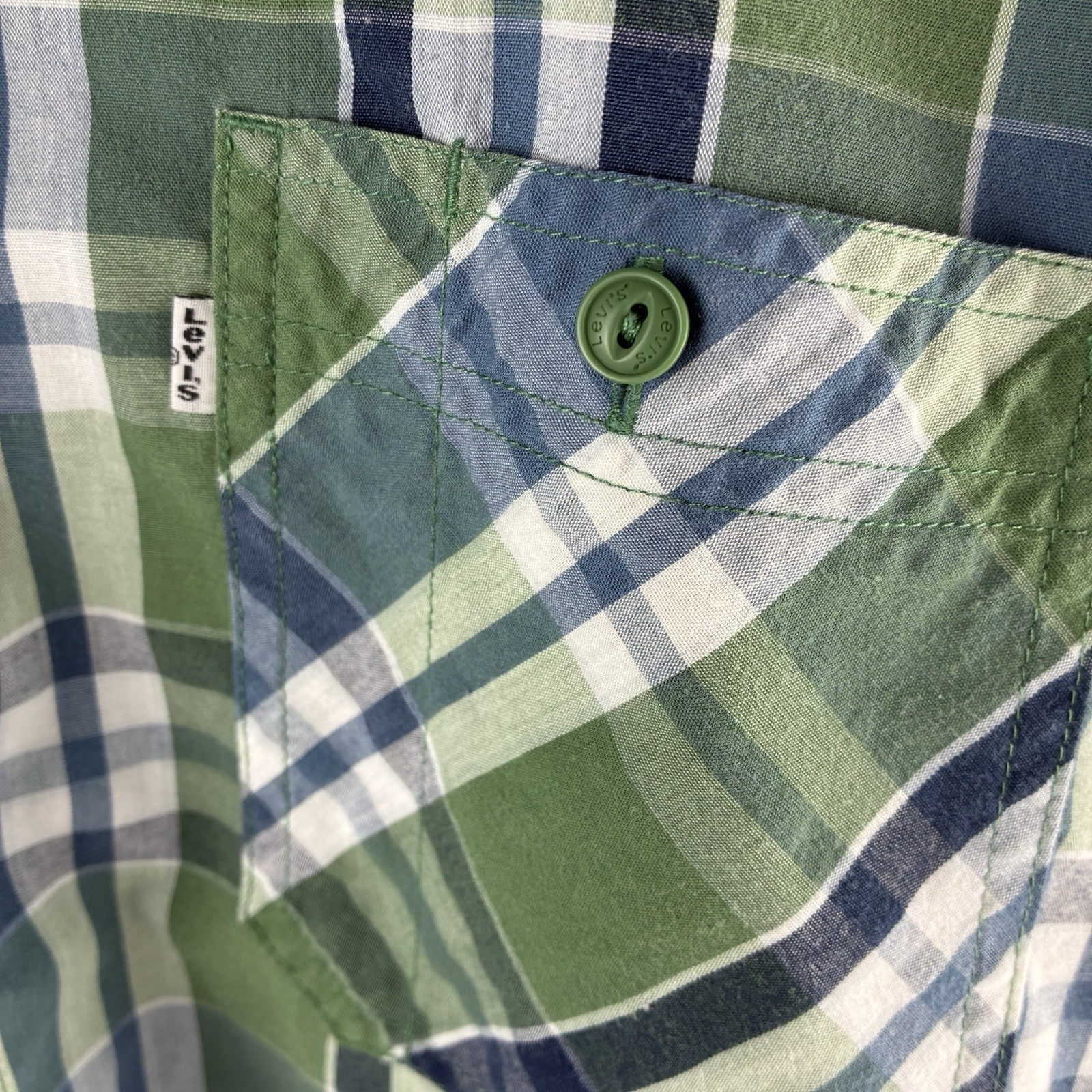 Levi’s Plaid Button Up Shirt Mens Navy Blue Green White Short Sleeve Gorpcore XL