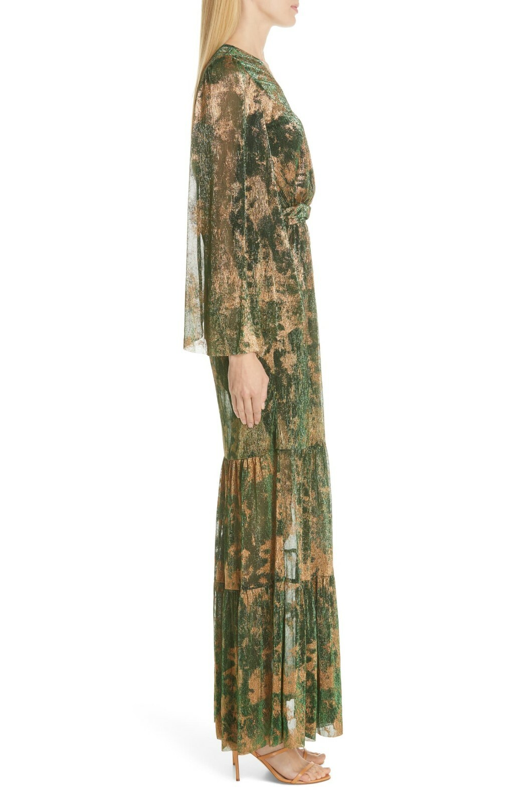 BA&SH Vert Green Bronze Metallic VIANCA Grecian V-Neck Maxi Dress 3 10 US LARGE