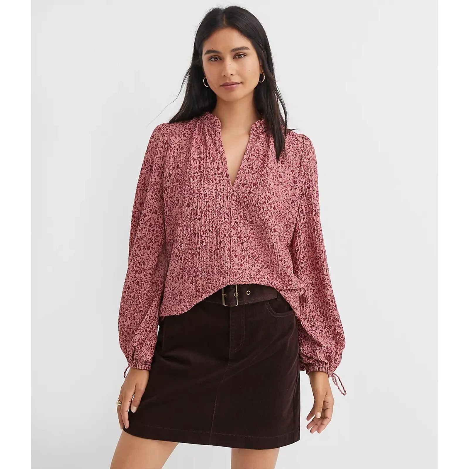 LOFT Floral Ruffle Tie Cuff Top Medium Pink Crinkle Texture Long Sleeve Blouse