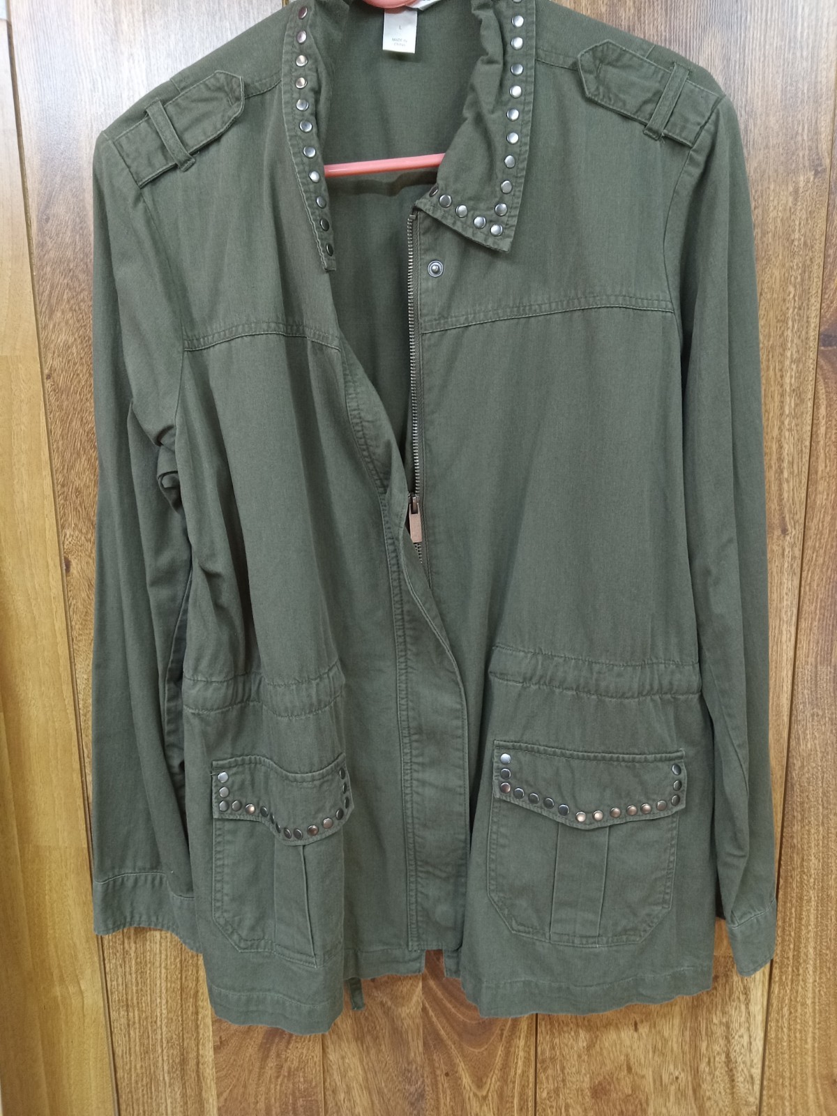 CHRISTOPHER & BANKS Women Size L Jacket Army Green Studded Zip & Snap