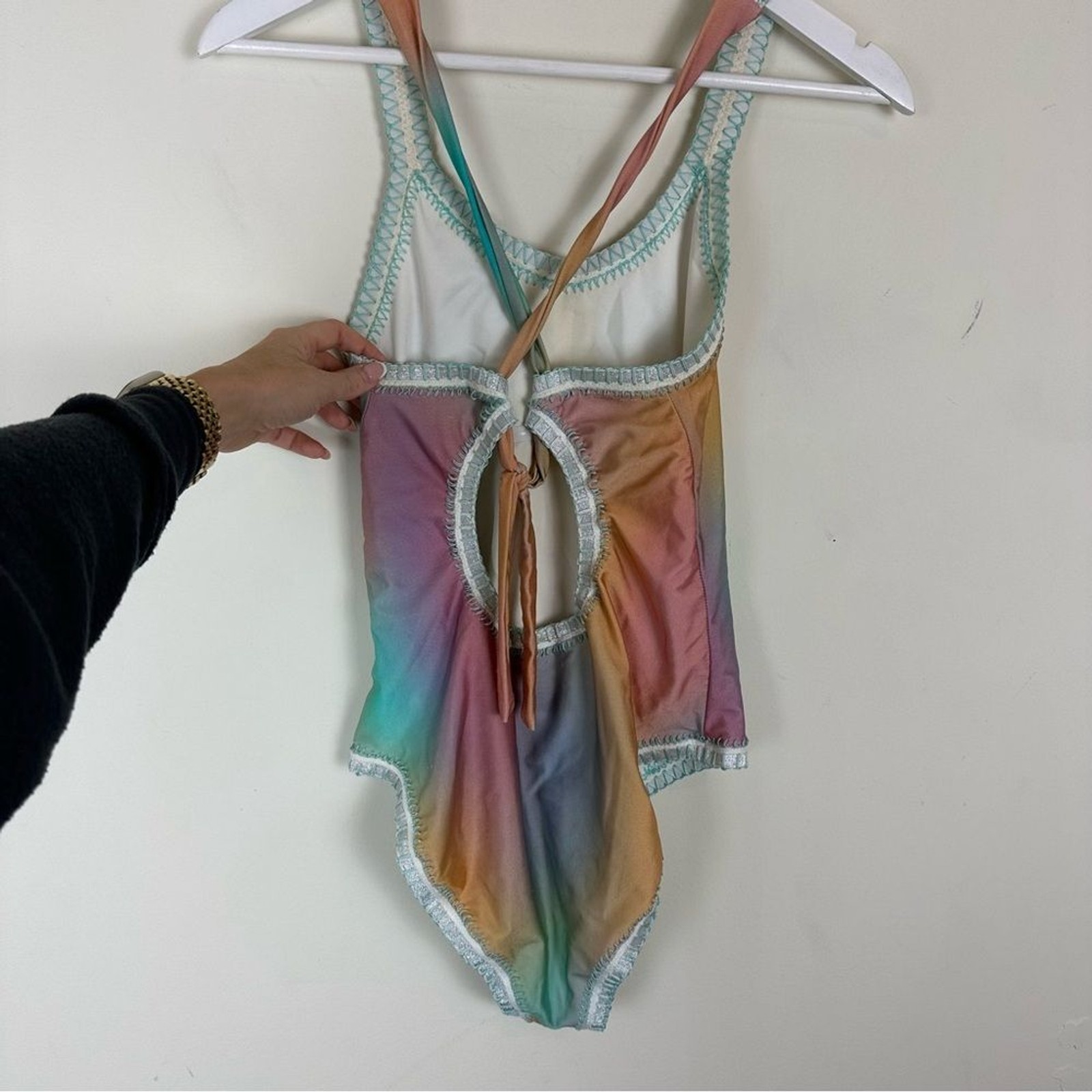 Platinum inspired by Solange Ferrarini Crochet Trim One Piece Swimsuit
