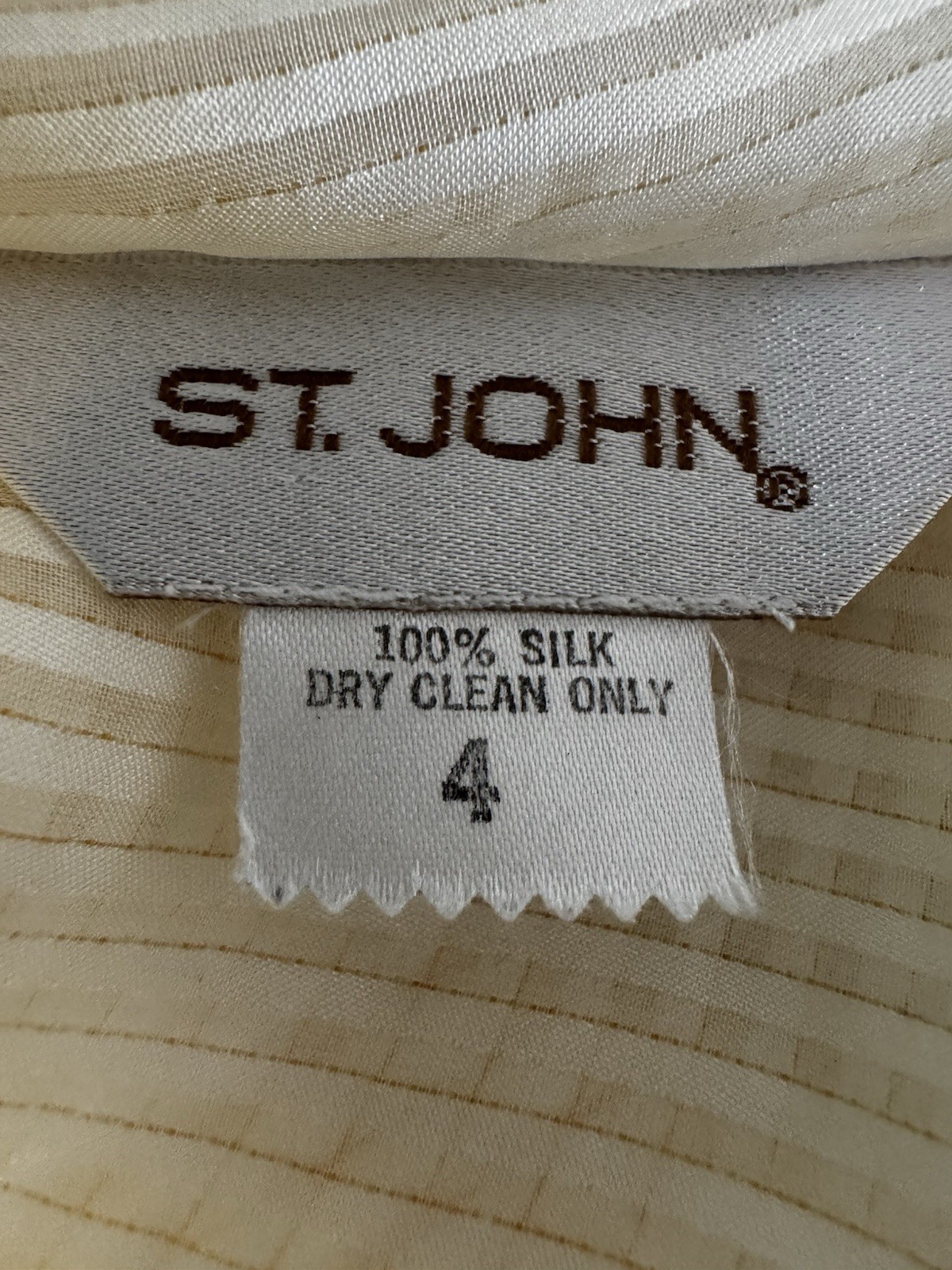 St. John 100% Silk Satin Sleeveless Collared Button-Up Striped Ivory 4