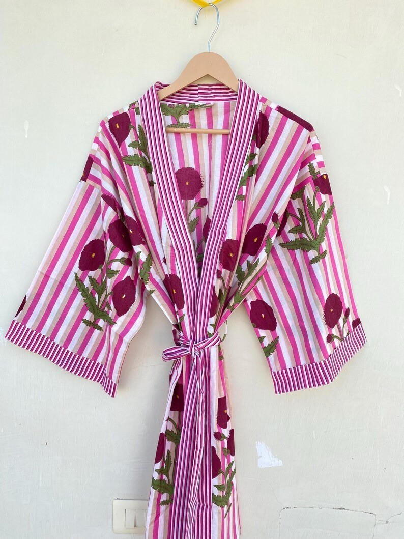 Indian Pink Floral Cotton Robe Short Kimono Sleepwear Night Suit Kimono Robe US