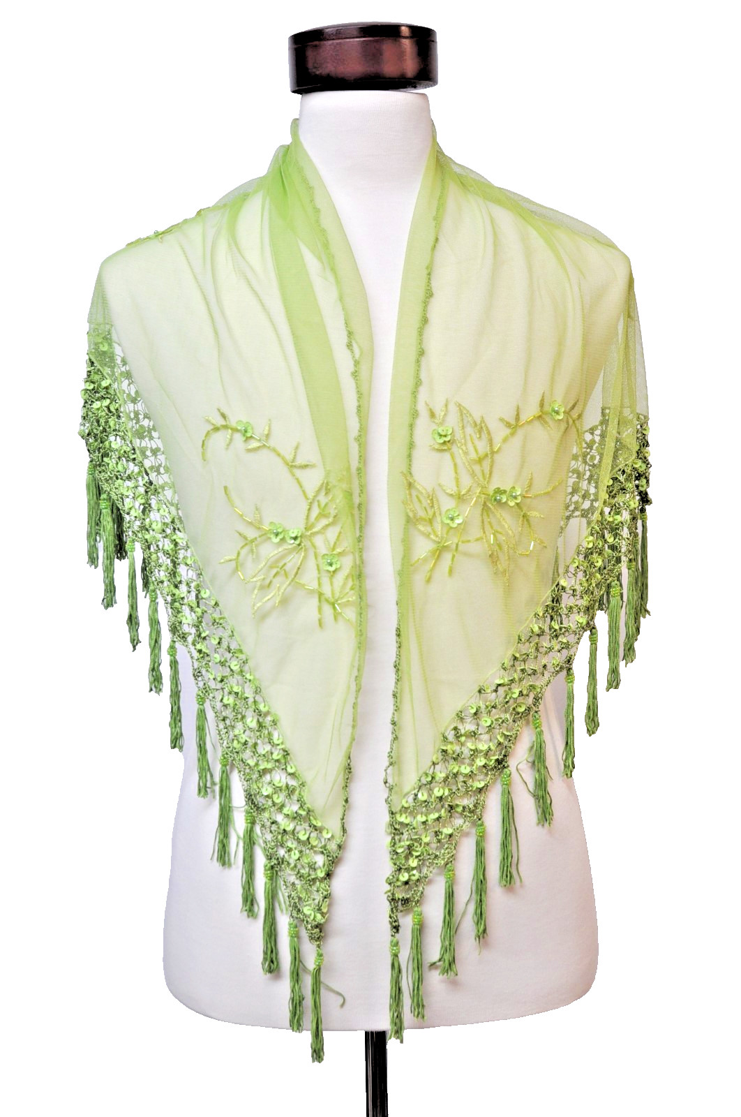 Lady’s green color triangle beaded embroidery shawl with tassel