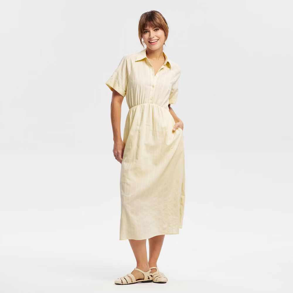 Women Short Sleeve Button-Front Midi Shirtdress – Universal Thread Cream L