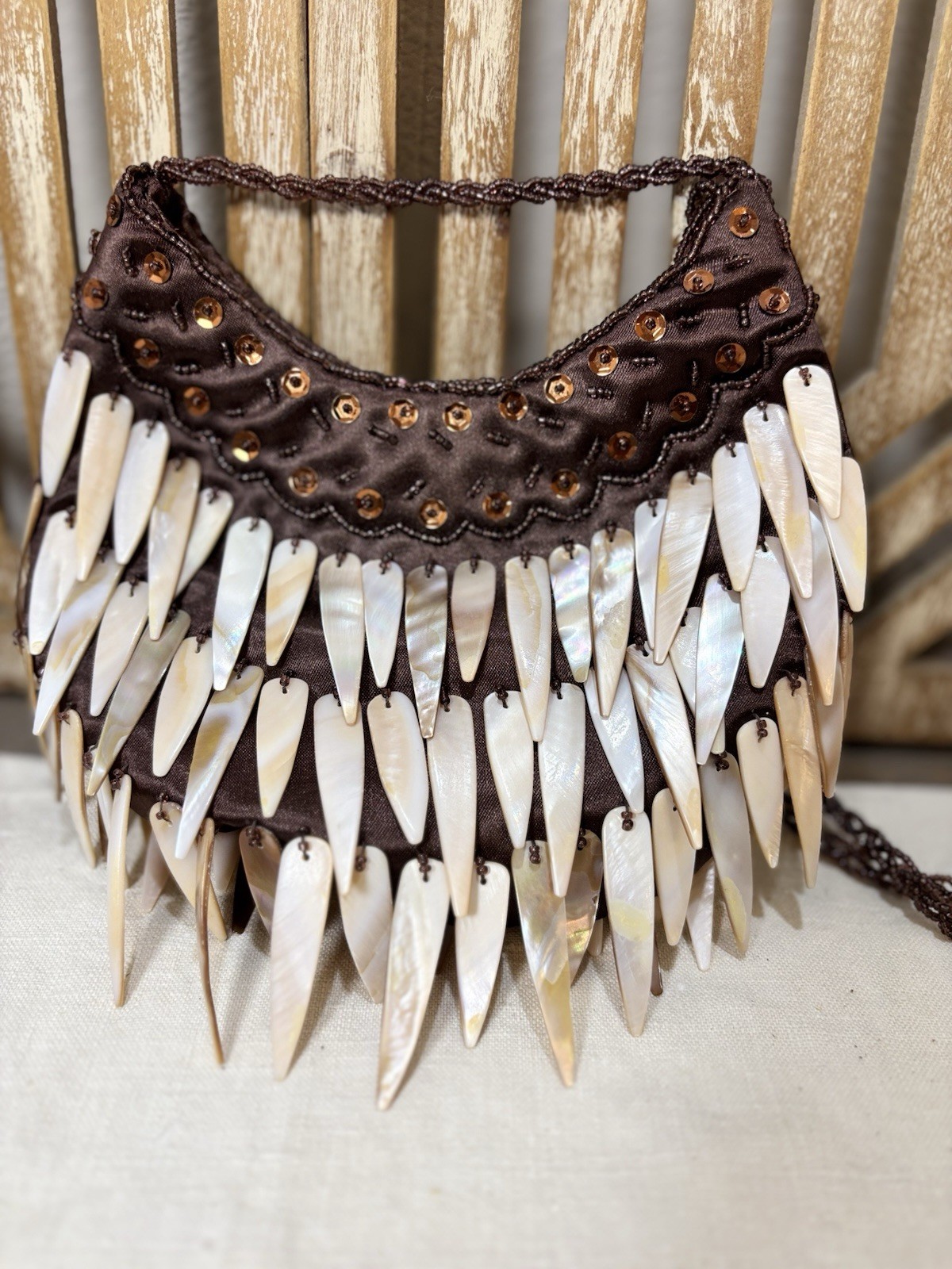 Vintage Boho Purse with white mother of pearl shell fringe