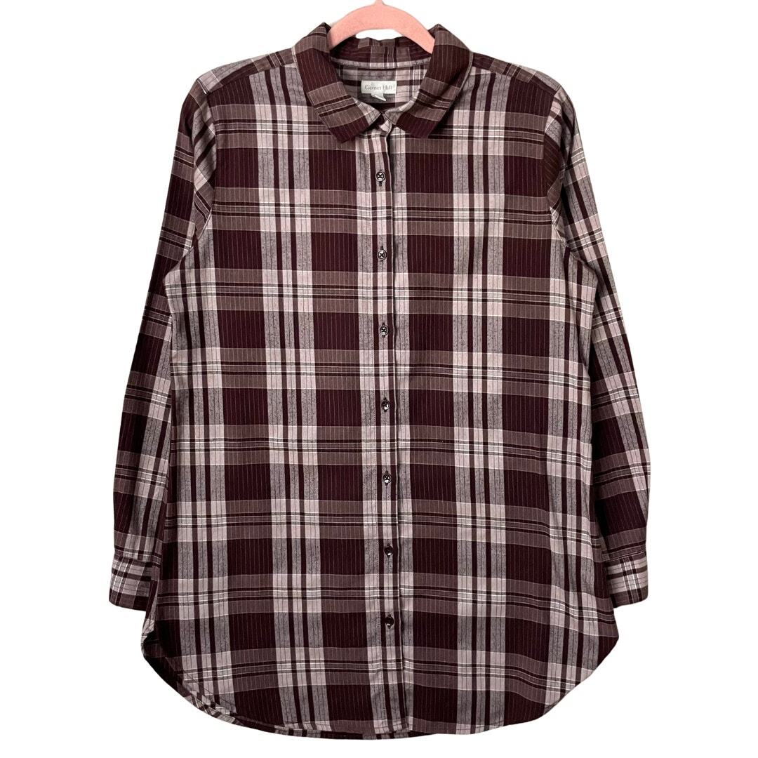 Garnet Hill Shirt Womens 8 Purple Flannel Organic Pima Cotton Plaid Lightweight