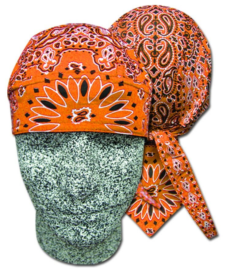 Orange and Black Paisley Durag Doo Rag Biker Head Wrap with Sweatband Capsmith