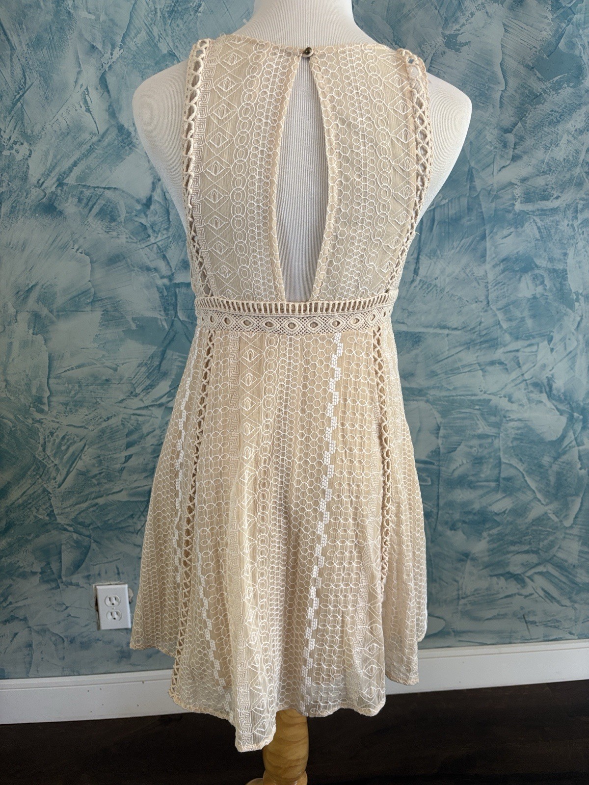 Free People Beige Lace Crochet Cut-Out A-Line Mini Dress Round Neck Button 4