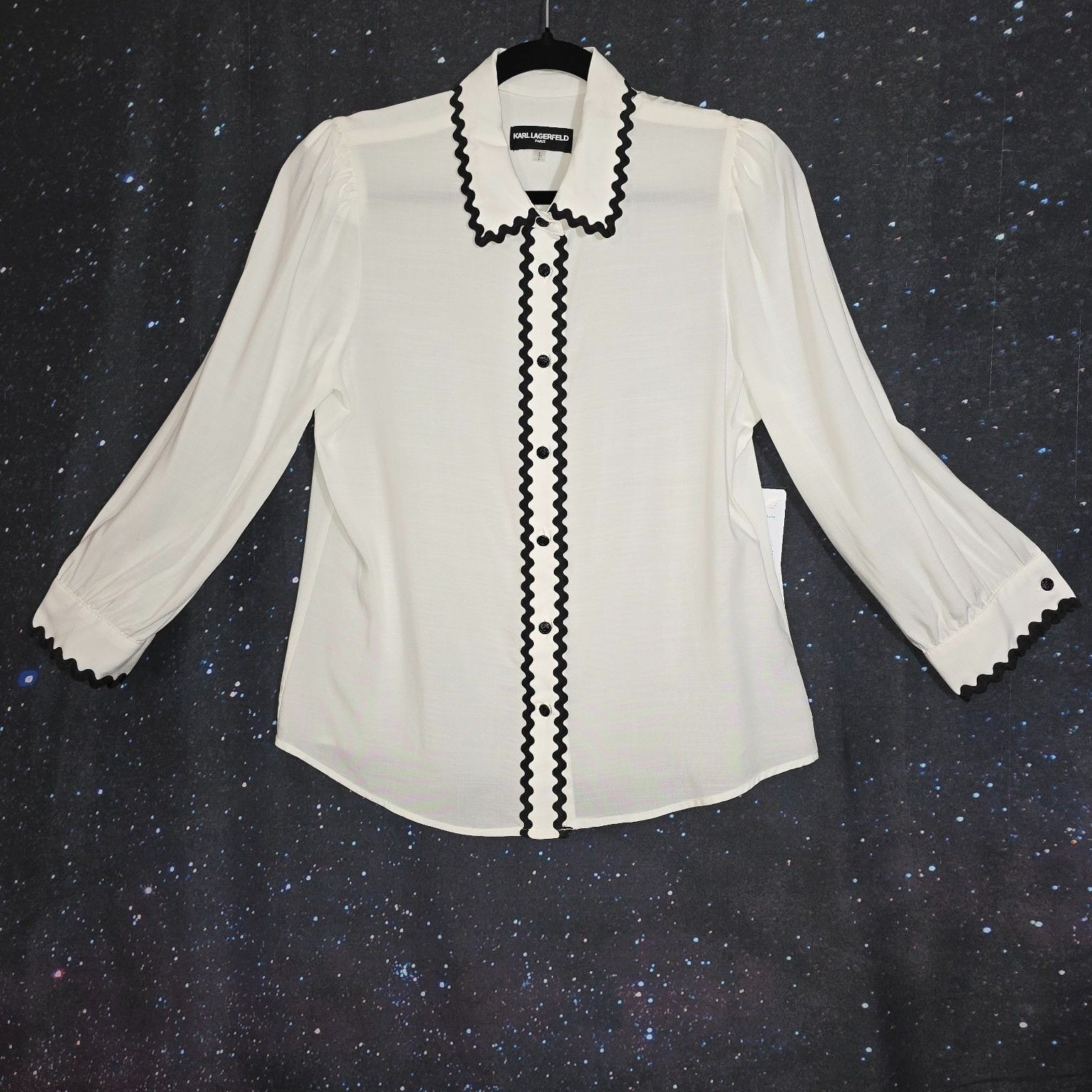 Karl Lagerfeld Paris S White Black Ric Rac Trim Button Blouse NWT MSRP $109