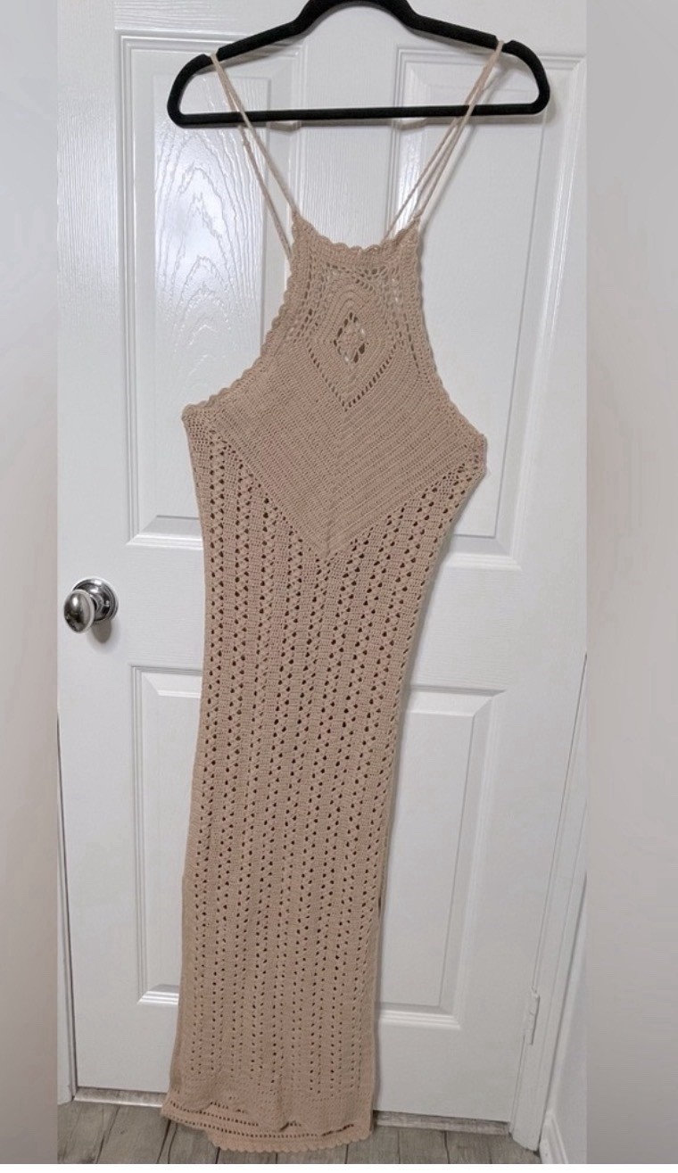 Spell & The Gypsy Collective Beige Crochet Halter Maxi Dress Tassel Open Back M
