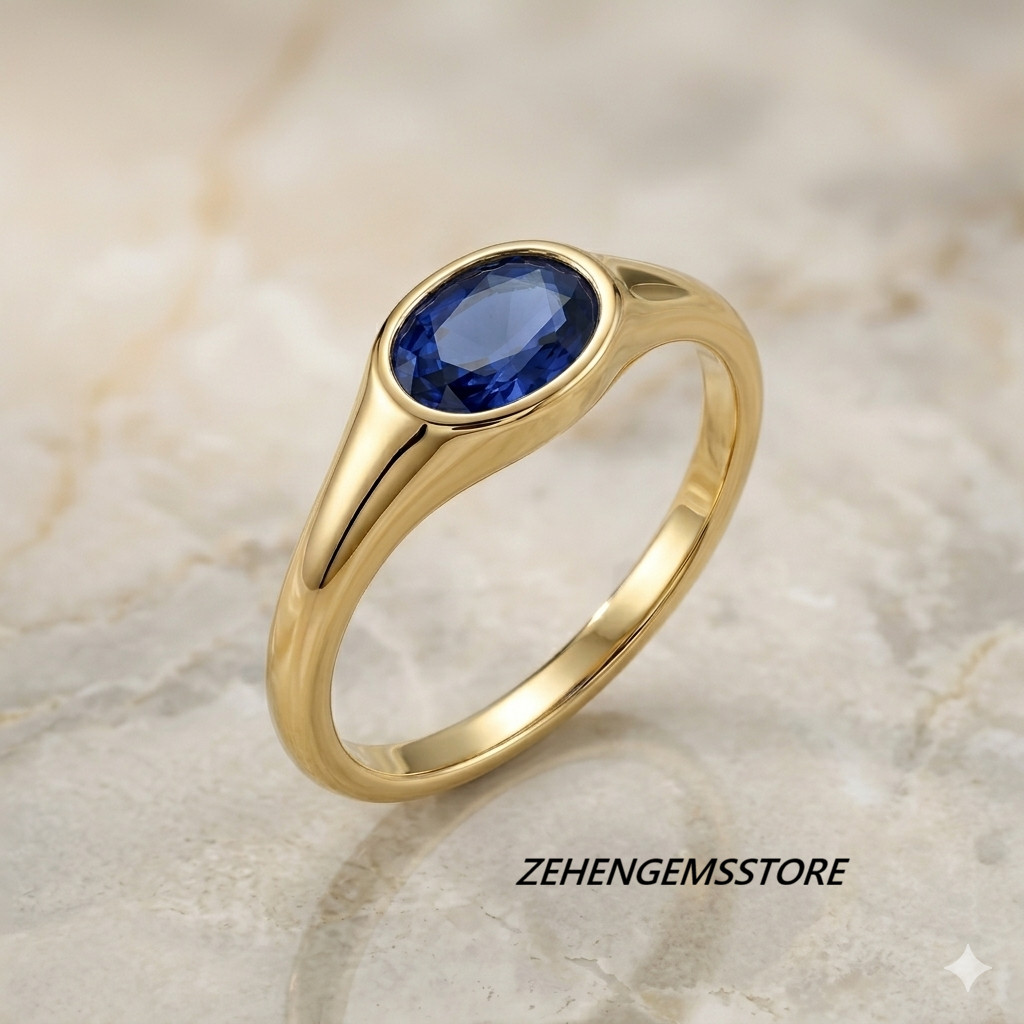 Lab created Men’s Blue Sapphire Ring Oval Cut Gold Plated Sterling Silver Ring
