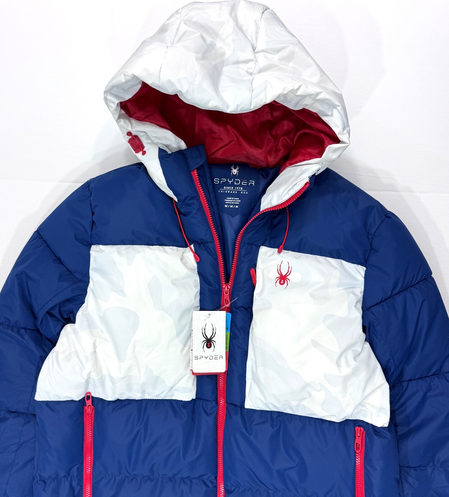 Spyder Puffer Jacket USA Ski Team Patch Red White Blue Camo Web Sizes S, M, L