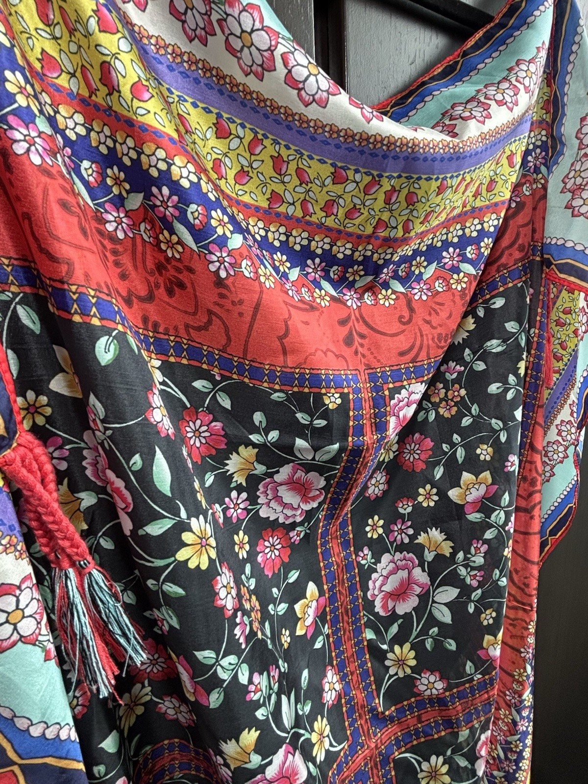 Johnny Was Silk Lindero Scarf Tassels Multicolor Floral Square 42×42 Designer