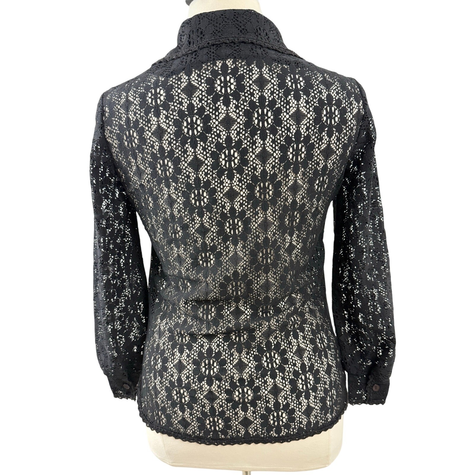 Black Lace Button-up with Side Darts, Wide Collar and Red Button Detail, Size M