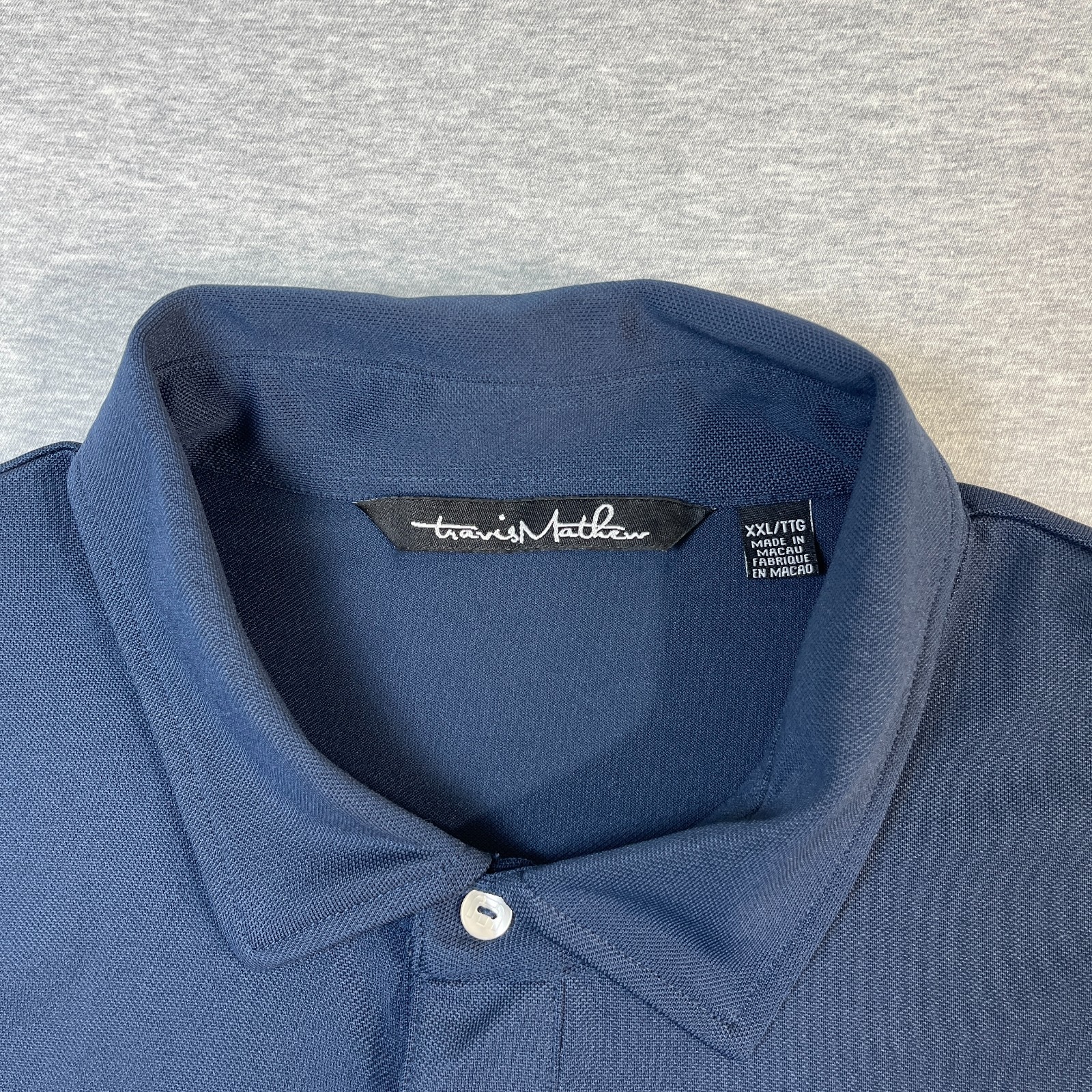 Travis Mathew Shirt Mens 2XL XXL Navy Blue White Chest Stripe Golf Polo Core Cut