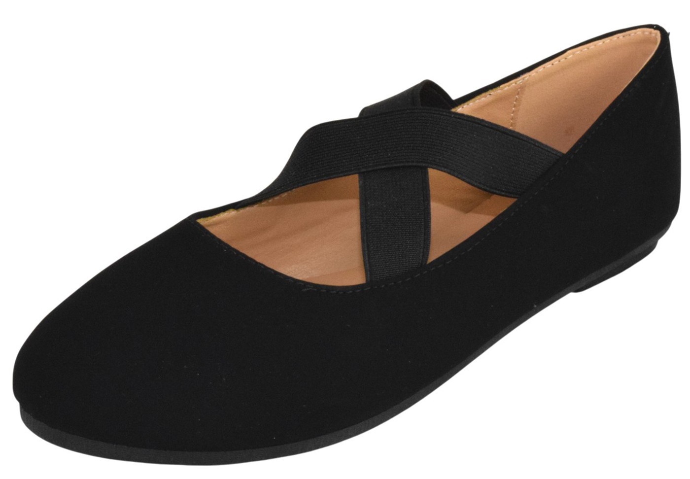 Forever Women Mary Jane Flats Elastic Cross Strap Ballet Shoes CLARE Black Suede