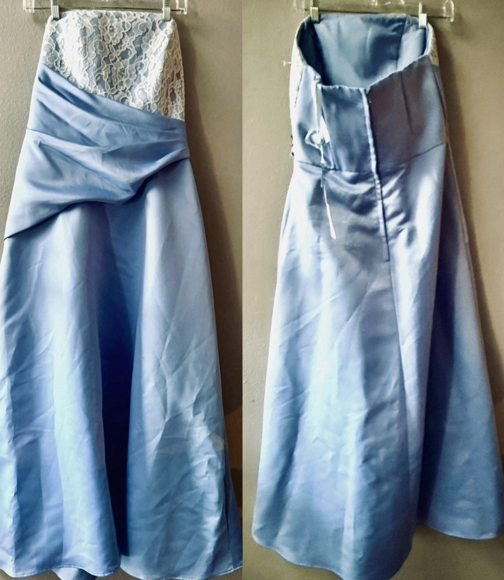 MORI LEE BLUE/WHT. LACE TAFFETA BRIDESMAID/PROM GOWN JUNIORS SIZE 15/16~NWT