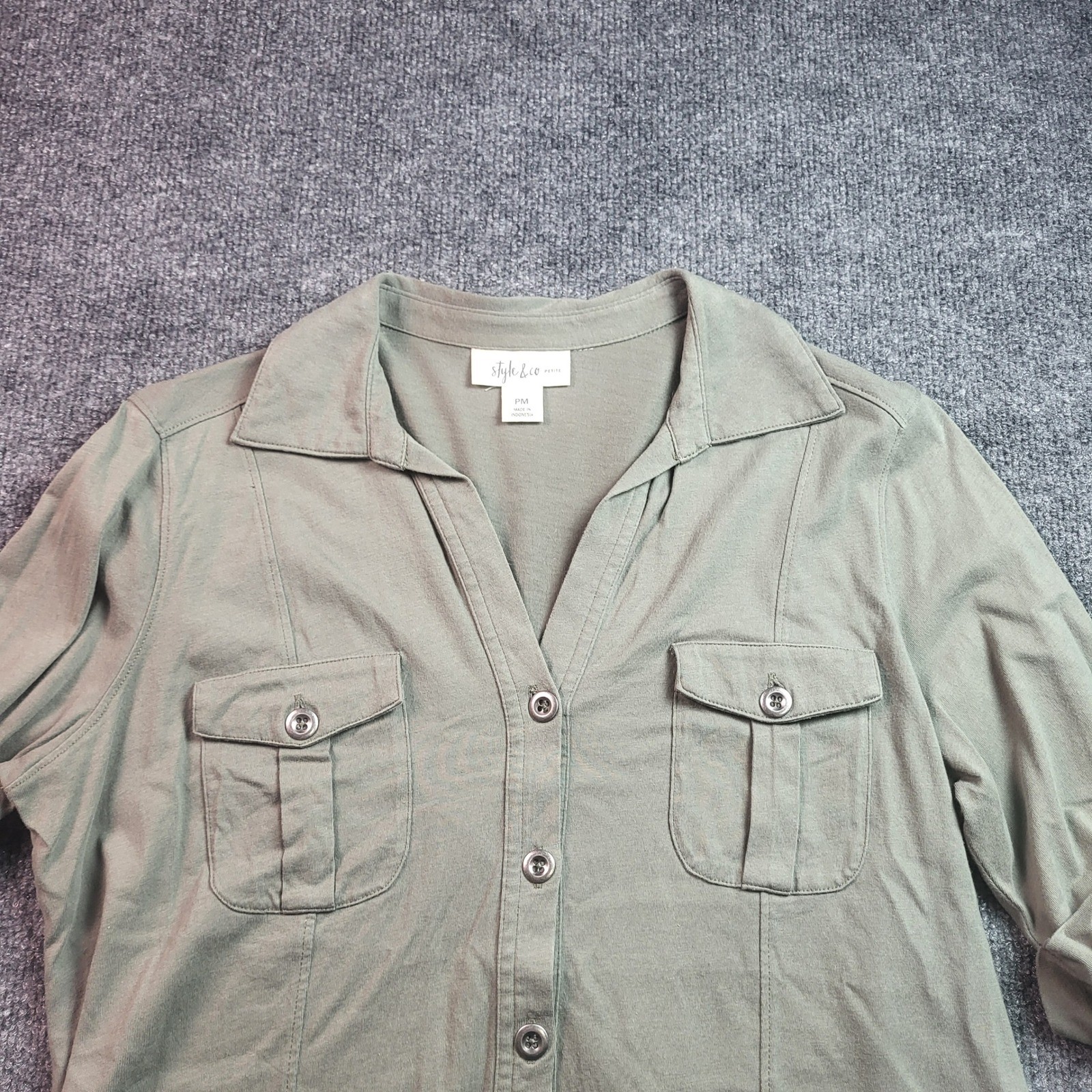Style & Co Petite PM Olive Green Cotton Utility Button Down Roll Tab Shirt