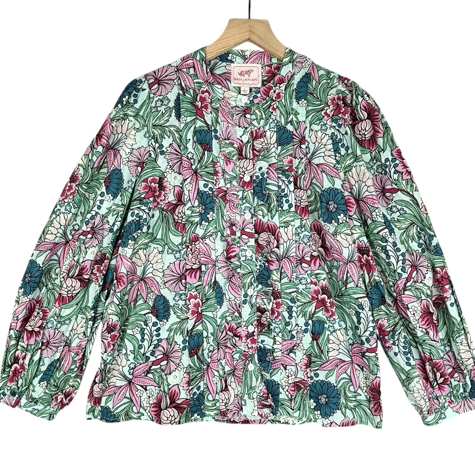 Anthropologie Banjanan Shirt Womens Large Green Pink Floral Button Up Boho NWT