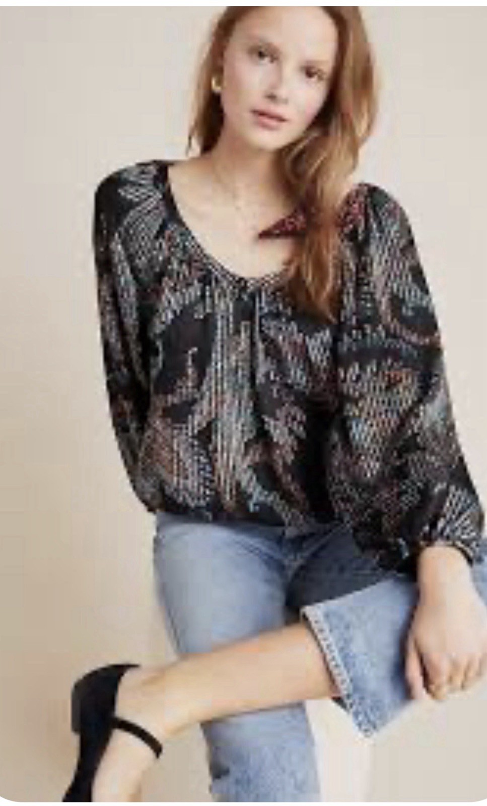 Maeve by Anthropologie Black Multicolor Abstract Pleated 3/4 Puff Blouse S