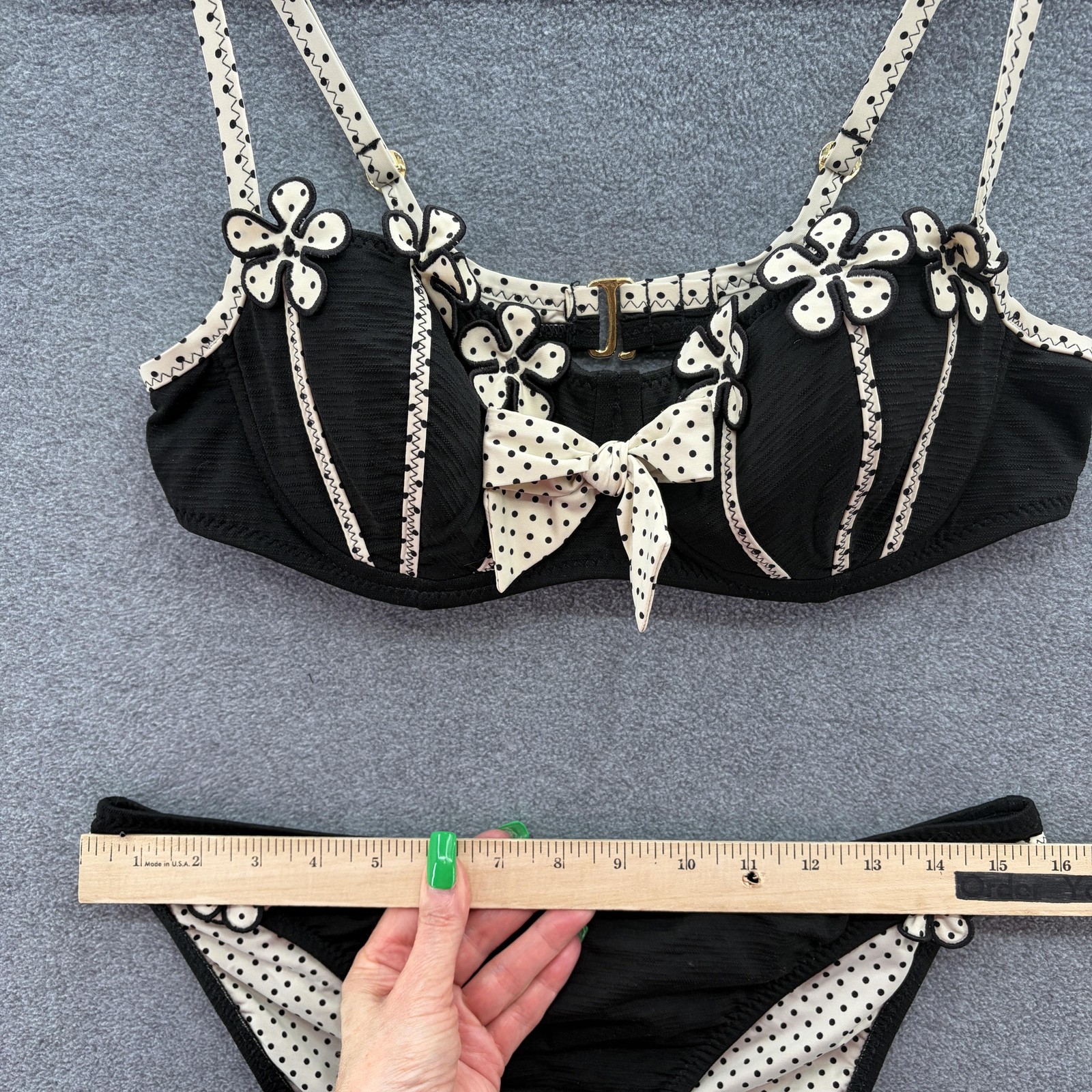 VTG 90s Y2K Betsey Johnson Bikini Women Large Black Polka Dot Pinwheel Retro