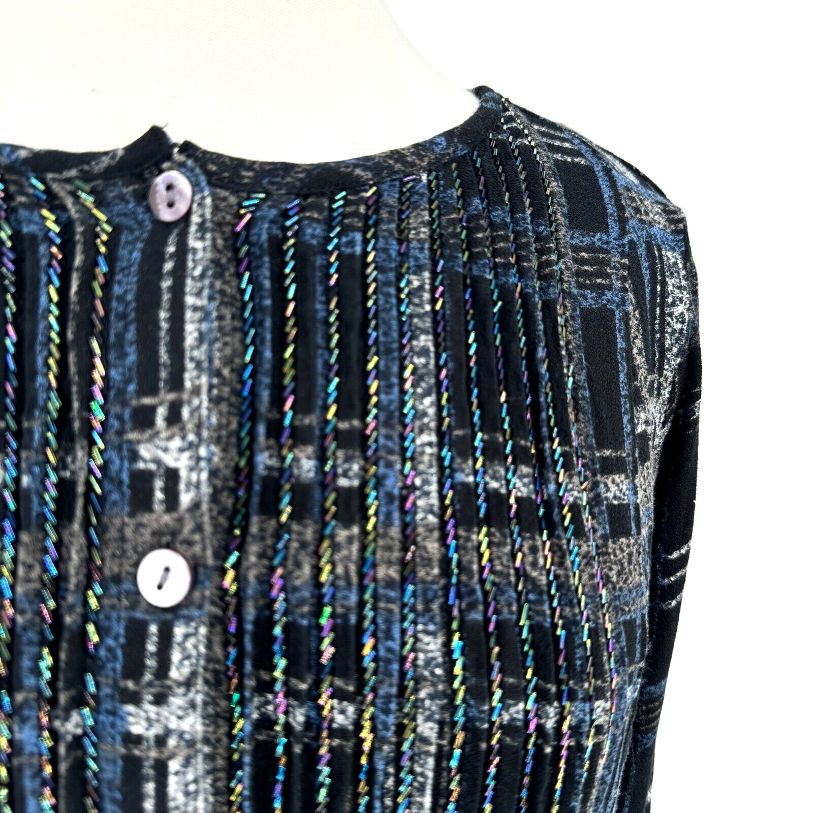 Soft Surroundings Tunic Button Front Medium Blue Plaid Stretch Beads Pleated