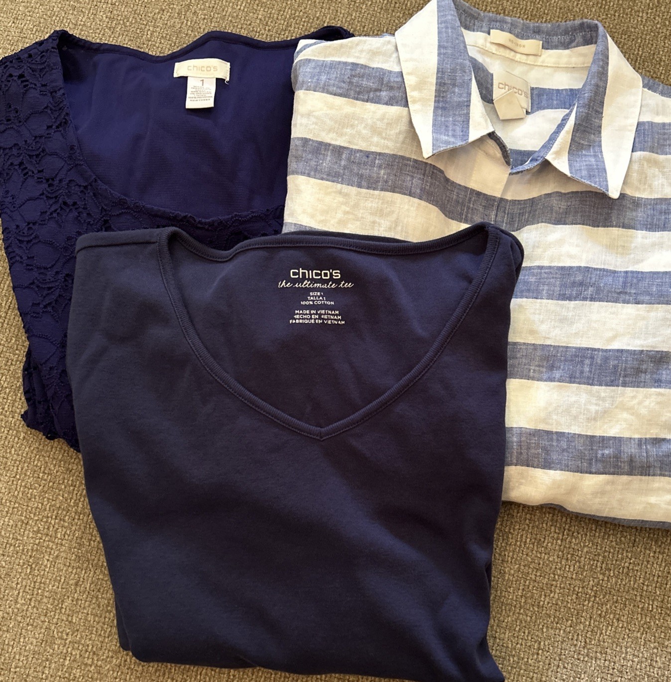 Lot 3-Chicos Top Women’s Floral Crochet Purple White Blue Stripe Navy SZ 1/M