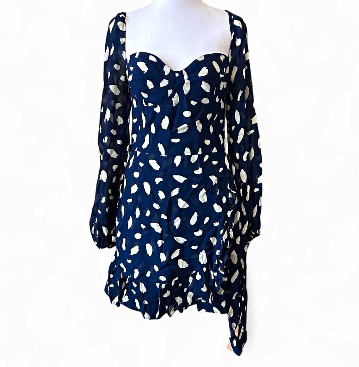NWT Reformation Splatter Print Cammi Mini Dress Navy/White Size 8