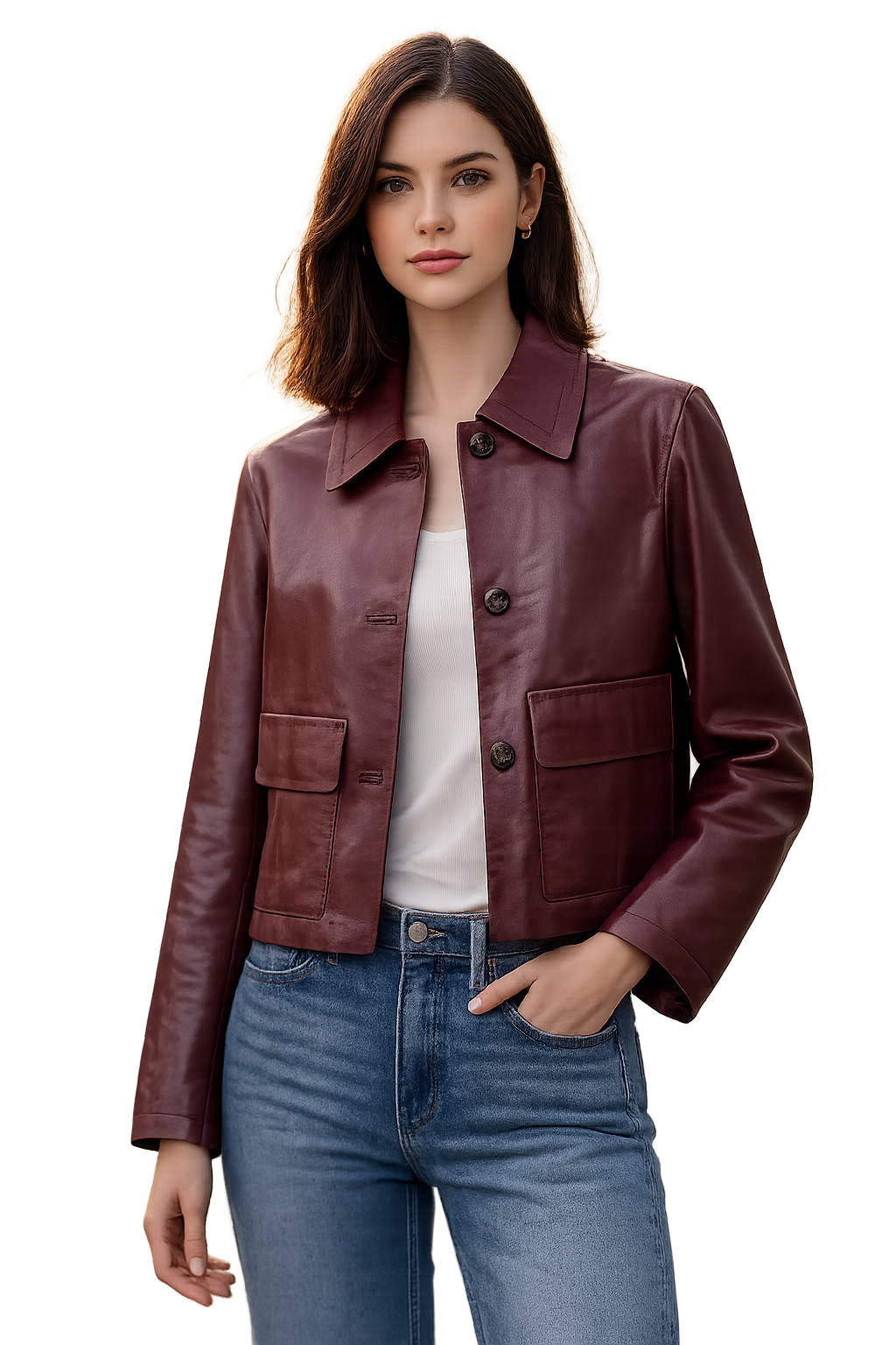 Women’s Burgundy Lambskin Leather Cropped Classic Front Button Fashion Jacket