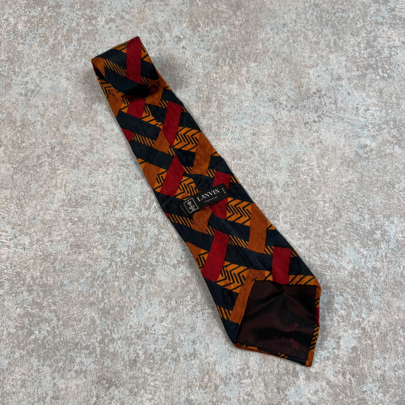 LANVIN Paris Silk Tie Brown Red Black Basketweave Chevron Geometric Necktie