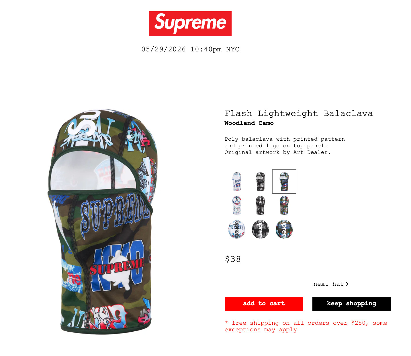 SUPREME FLASH LIGHTWEIGHT BALACLAVA (WOODLAND CAMO) SS26 FACEMASK ART DEALER