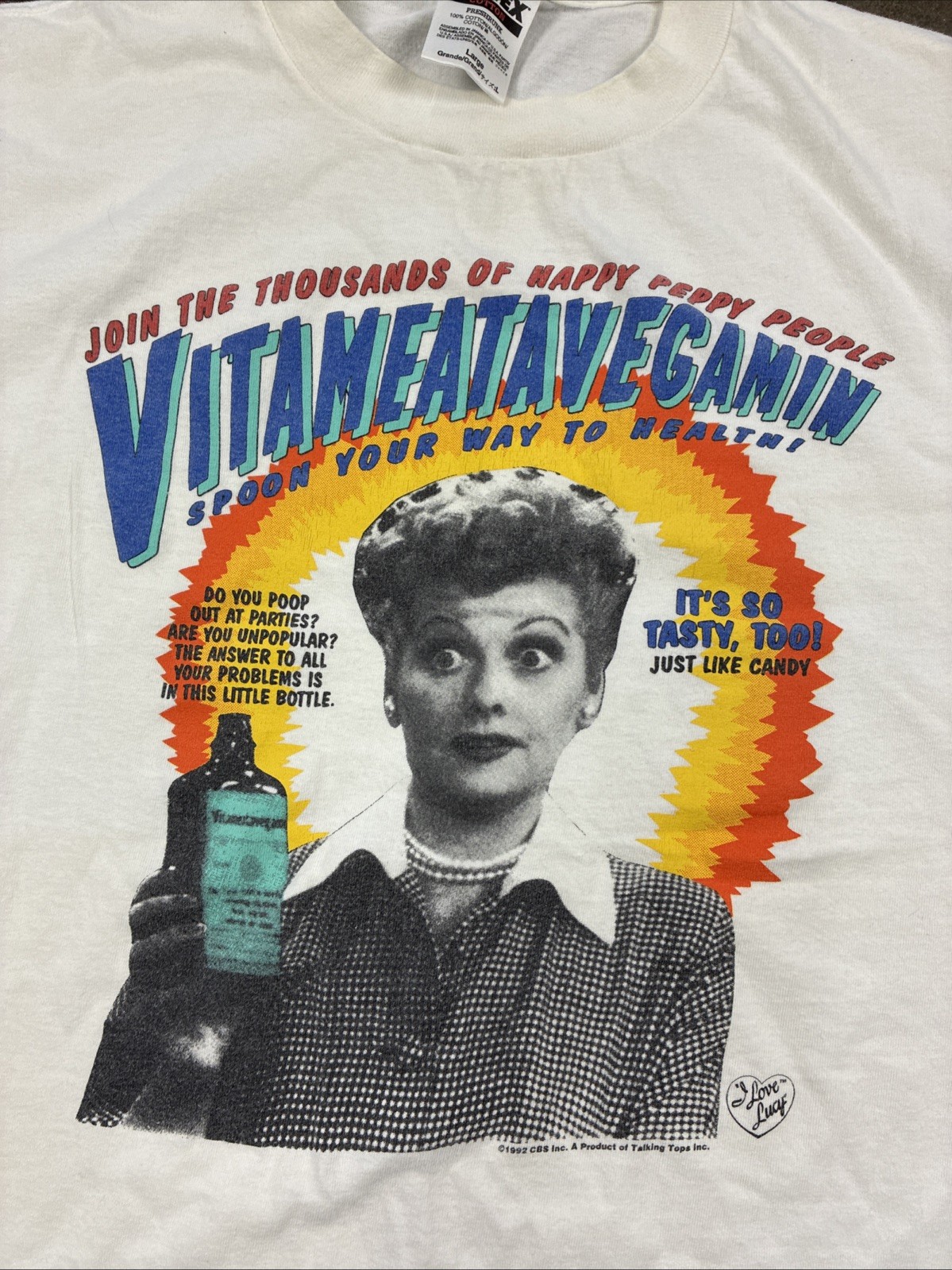 VTG I Love Lucy Vitameatavegamin 1992 CBS Promo T Shirt Sz L Tultex RARE