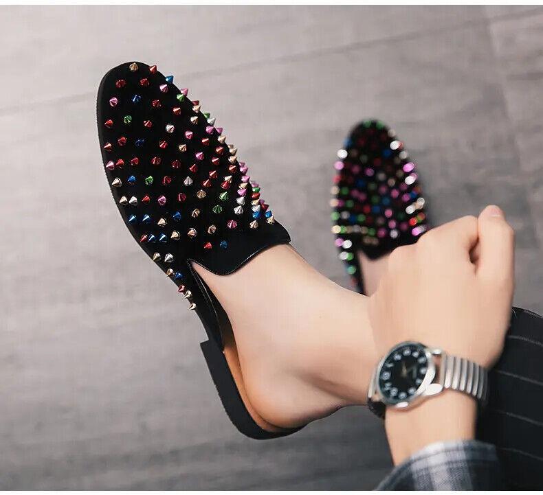 Men‘s Rivets Spike Mules Slippers Slip On Casual Round Toe Shoes Studded Hot